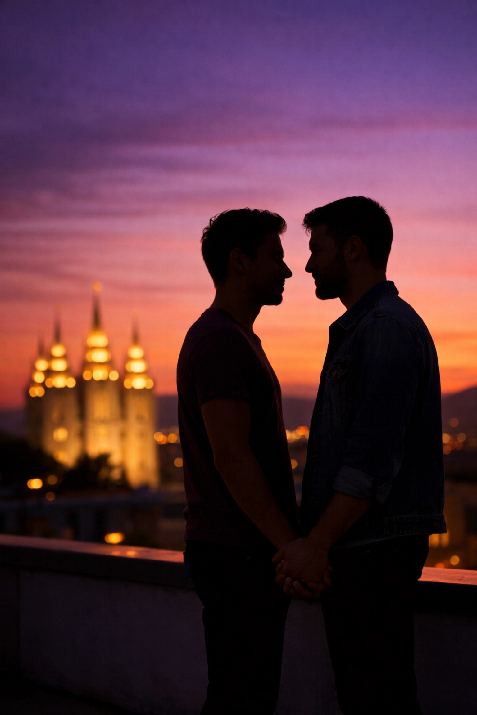 Gay couple holding hands on Salt Lake rooftop with Mormon temple background