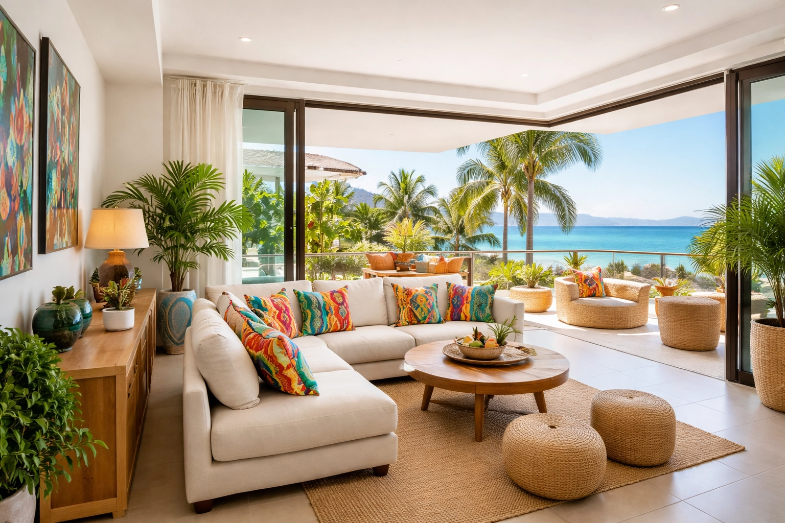 Bright modern Puerto Vallarta condo living room with terrace and ocean views, highlighting typical rental interiors.