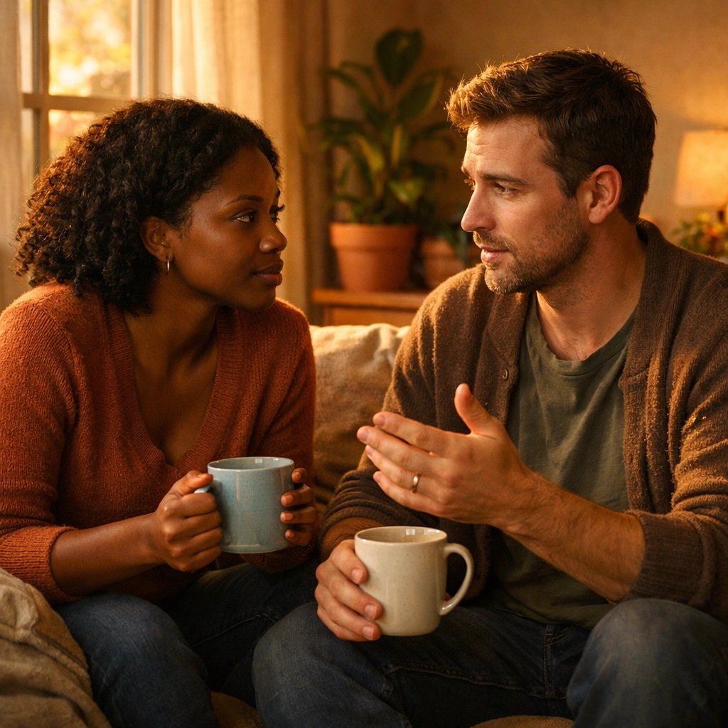 Couple having open conversation on couch showing healthy relationship communication and growth