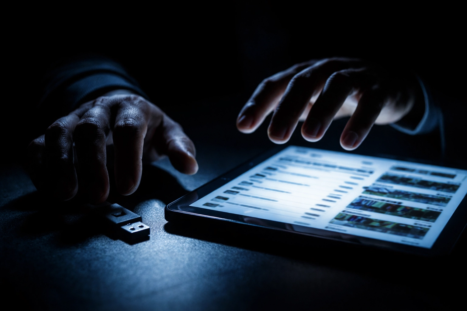 Hands stealing property data from a glowing tablet, illustrating IP theft and data security threats for agencies