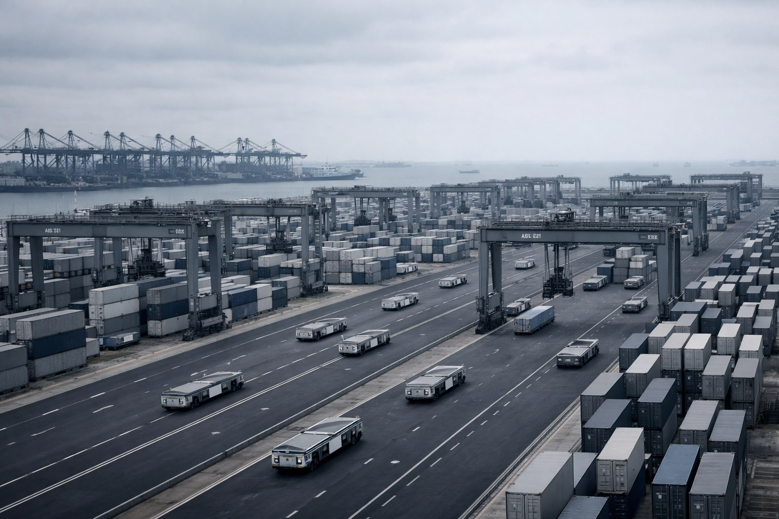 Automated cranes at Tuas Mega Port, Singapore, showing efficient autonomous shipping and paperless trade.