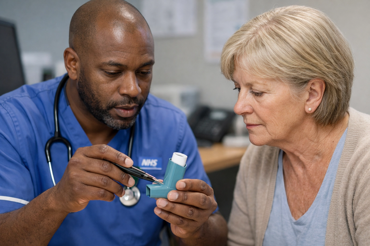Healthcare professional conducting an inhaler technique review as a vital clinical intervention in respiratory care UK.