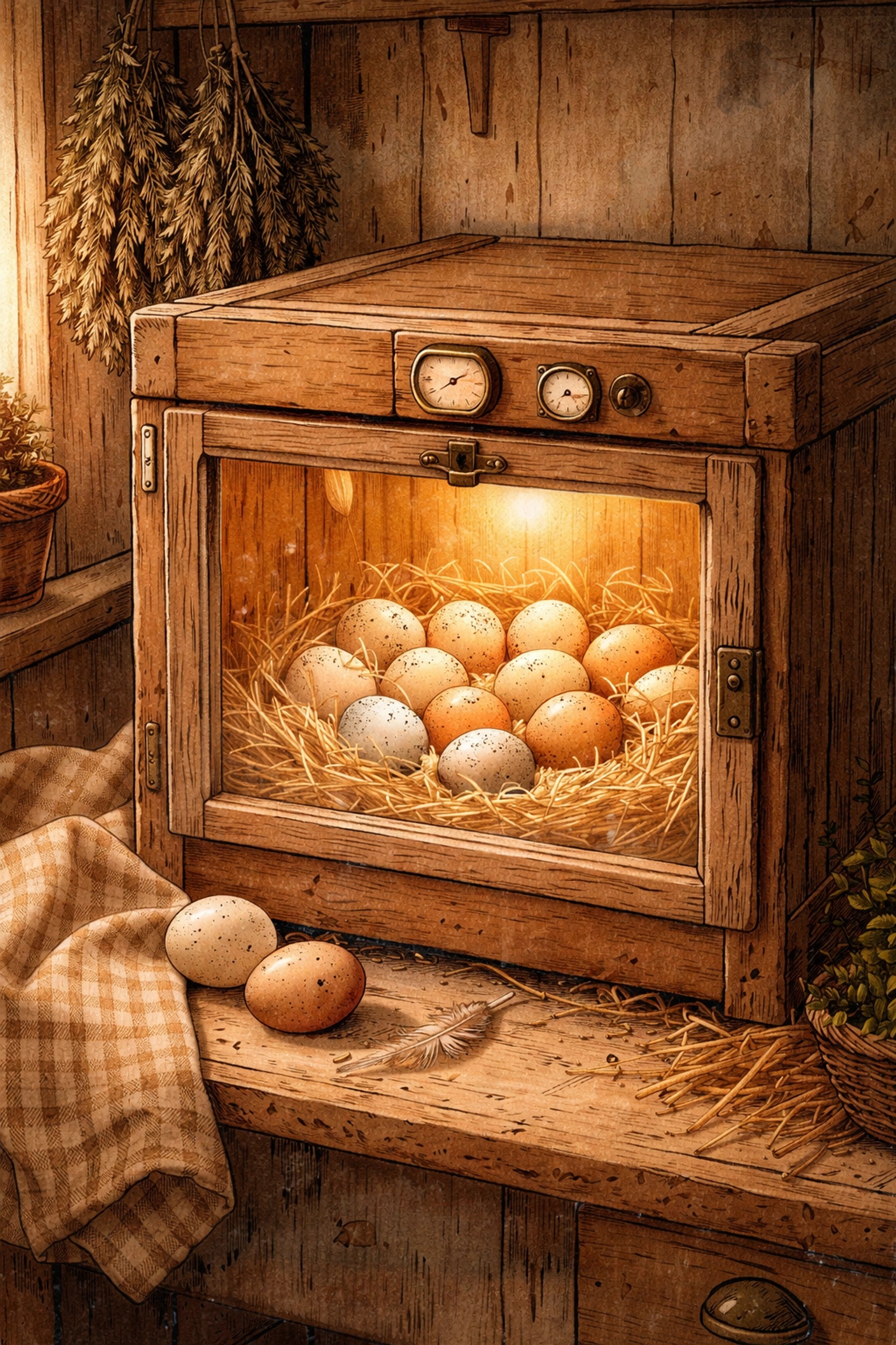 Rustic incubator filled with speckled farm eggs nestled in straw, ready for hatching at Faithful Flock Farm