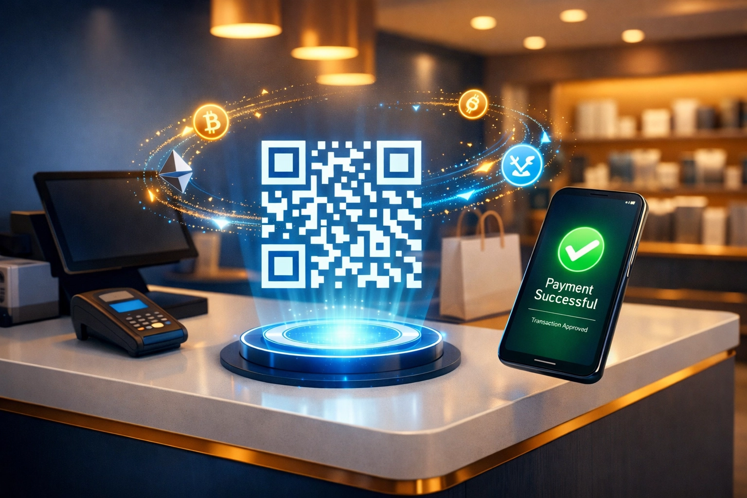 Modern retail checkout counter with QR code crypto payment system for small business transactions