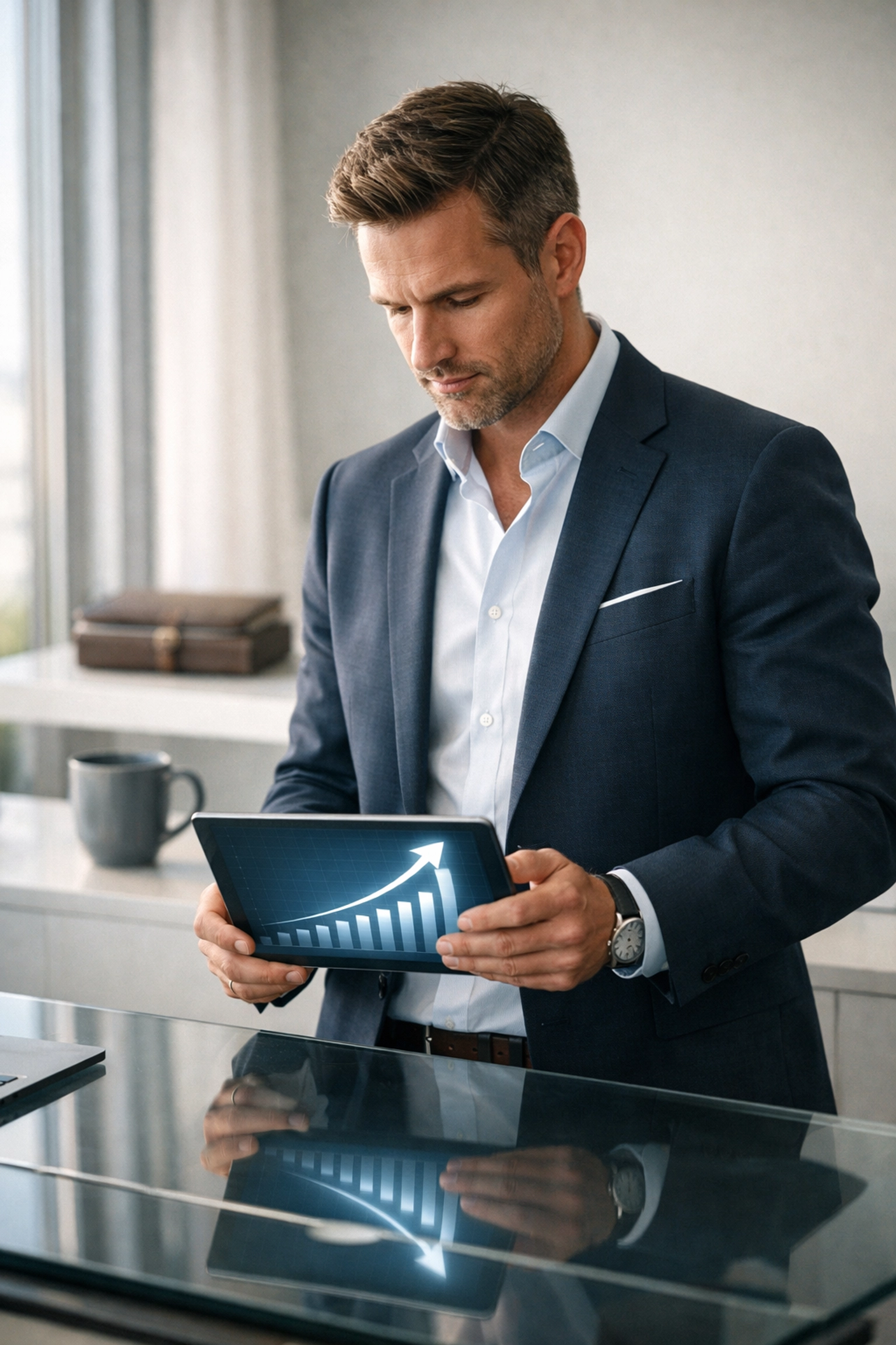 Entrepreneur analyzing business growth charts and financial projections for loan approval.