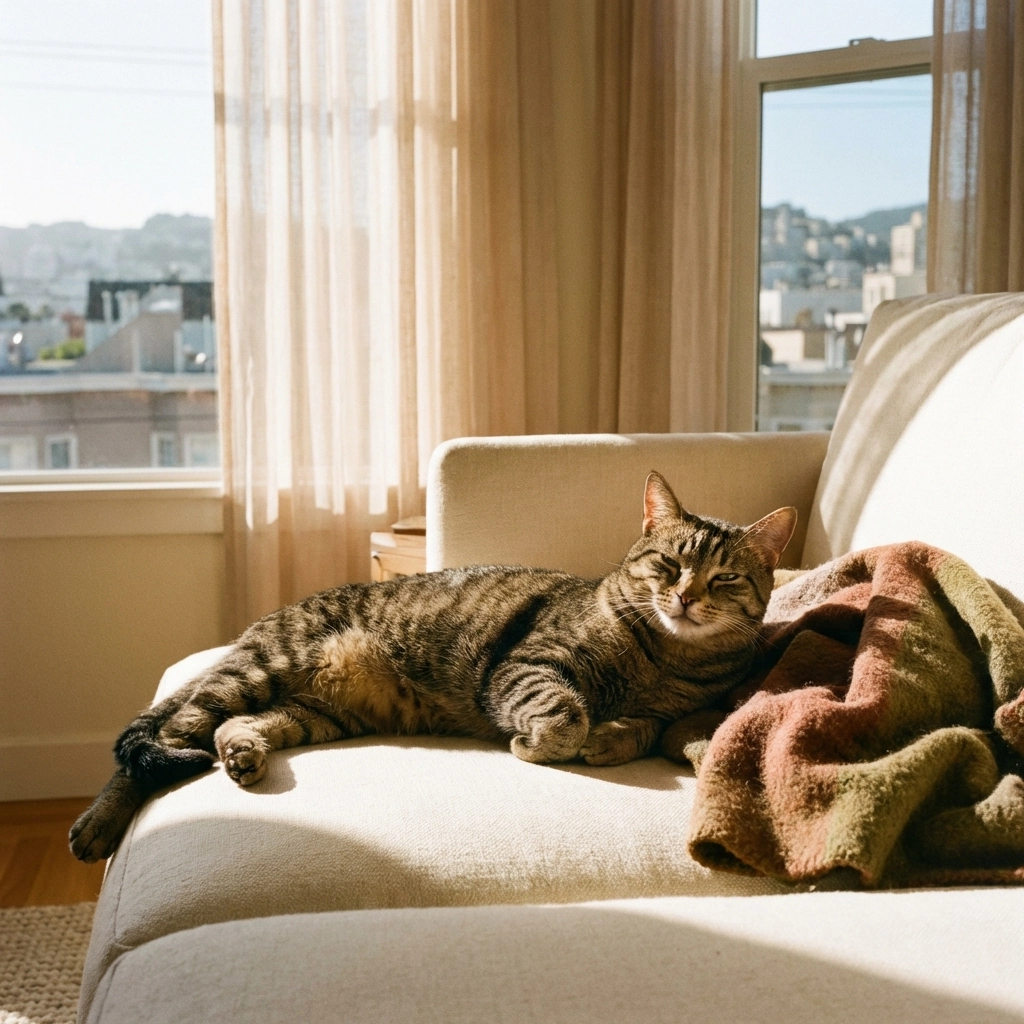 A relaxed tabby cat lounging on a sunlit couch in a Bay Area apartment, highlighting stress-free in-home cat sitting.