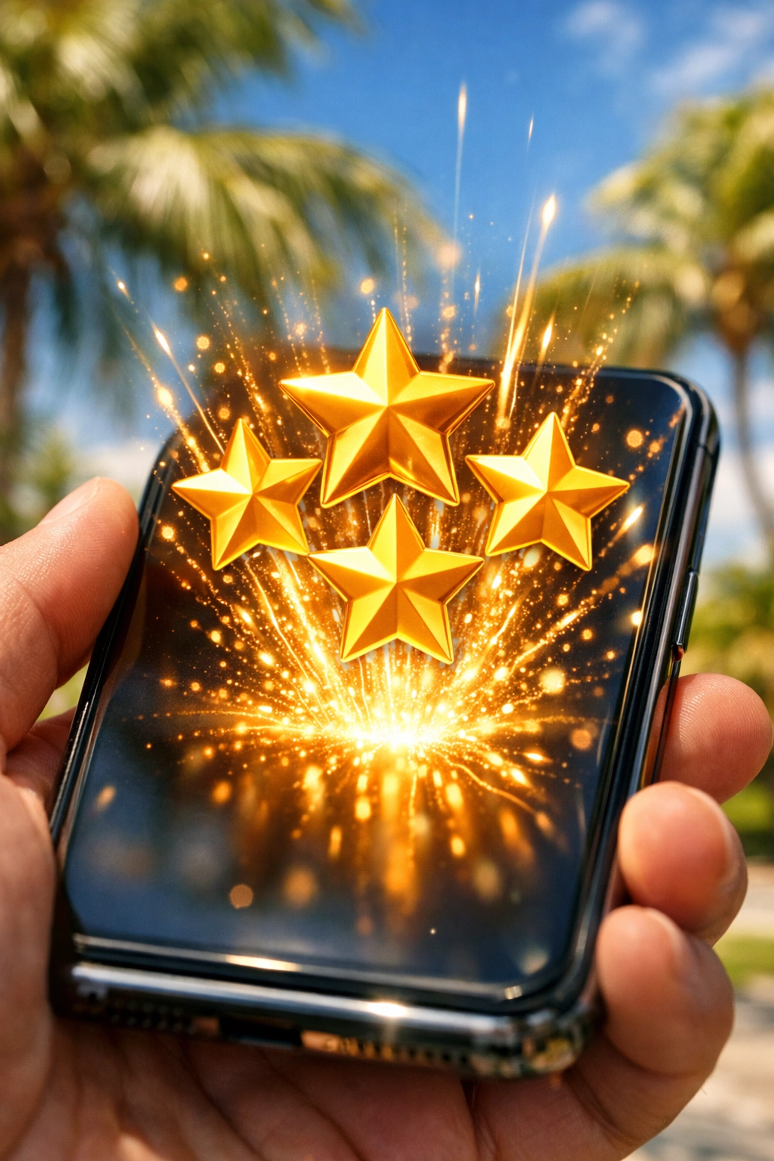 Sarasota business customer leaving a five-star review on a smartphone under palm trees.