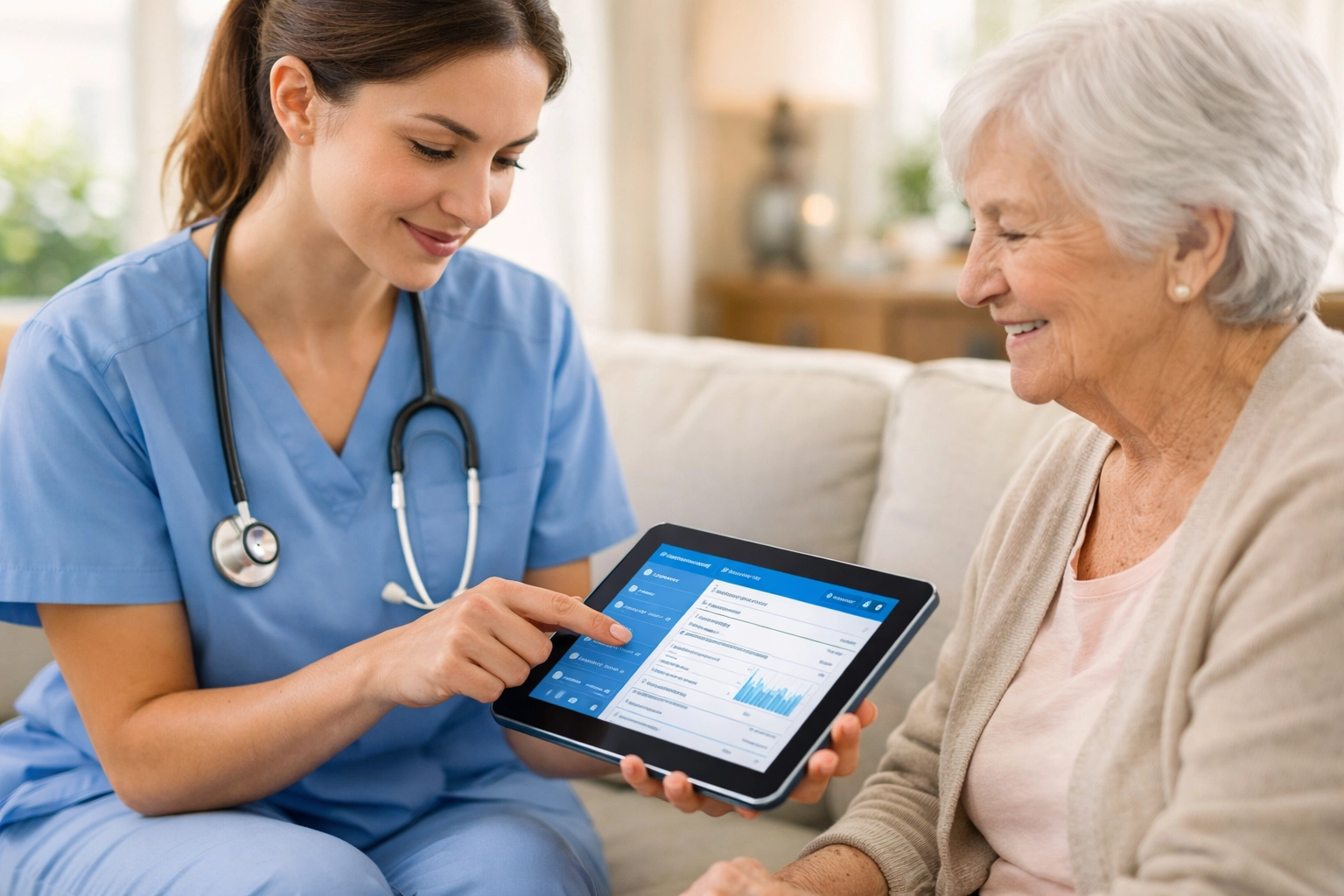 Home health nurse documenting patient care on tablet during home visit for 42 CFR 484 compliance