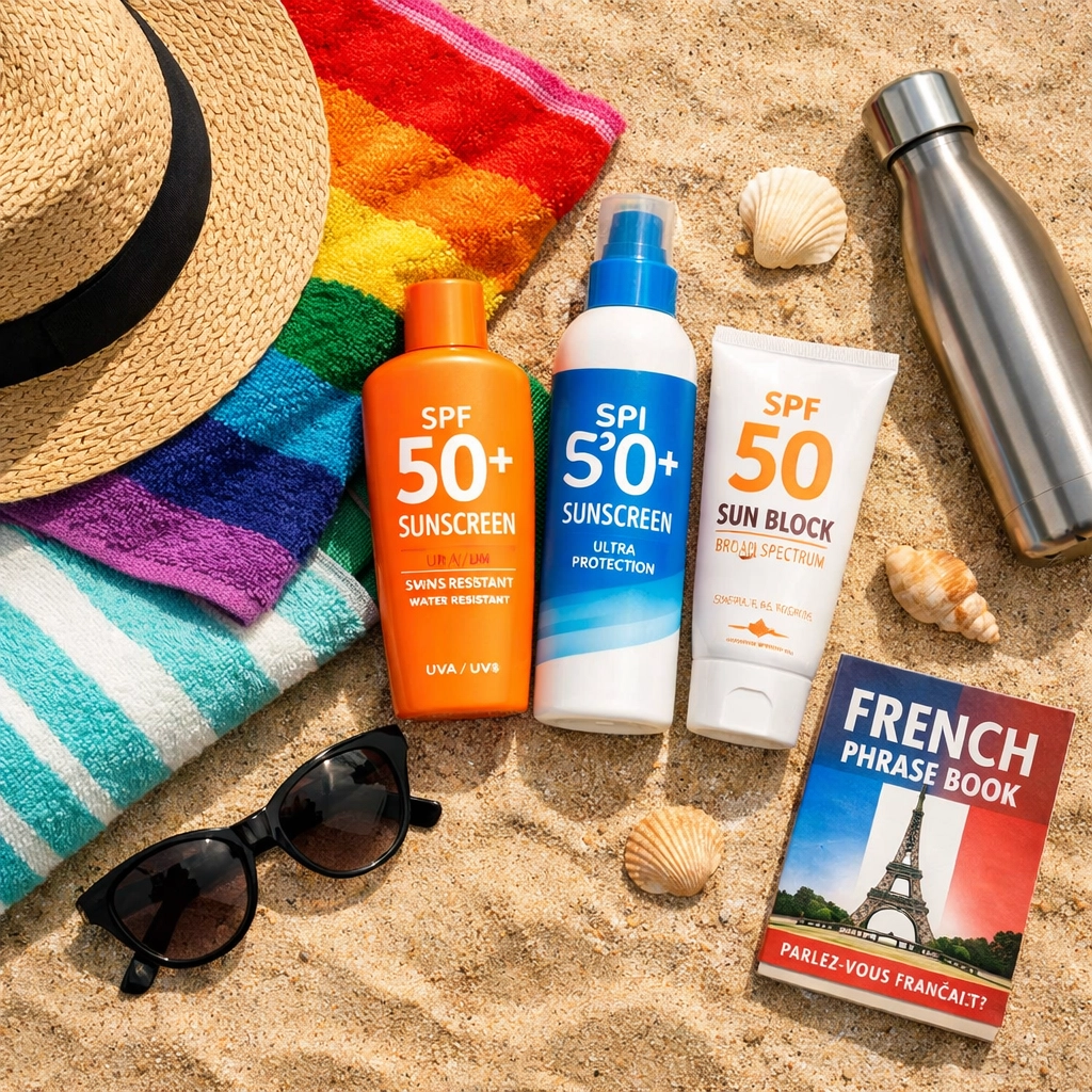 Essential beach items including sunscreen and towels for naturist beach vacation