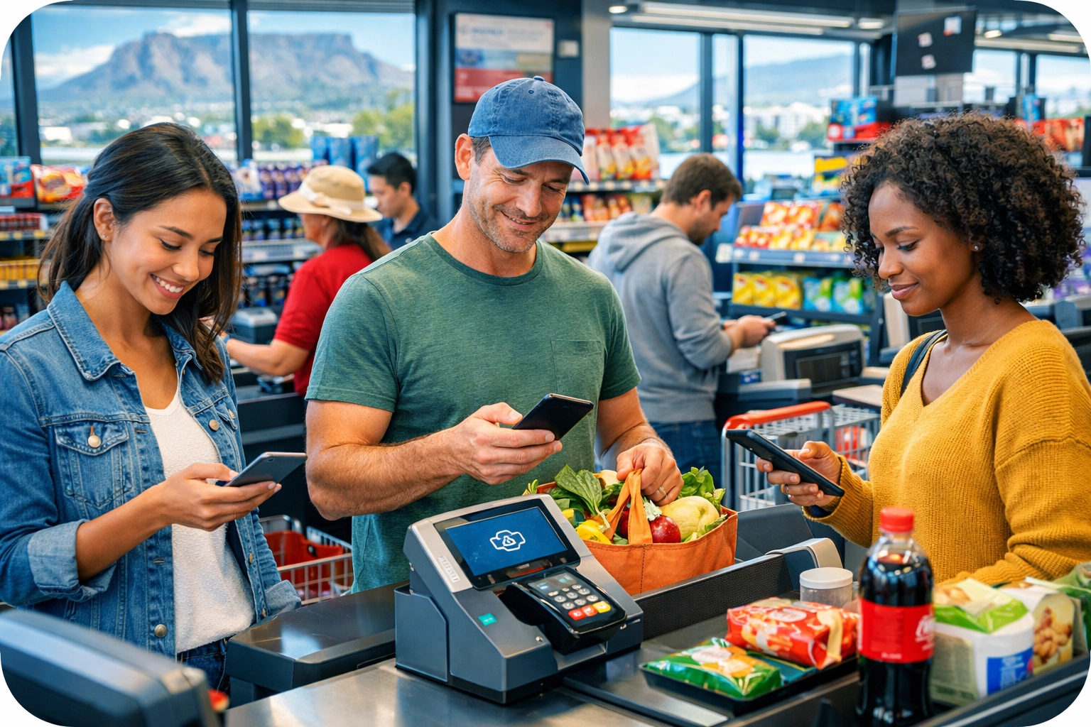 Busy Cape Town supermarket customers using mobile phones requiring strong WiFi coverage