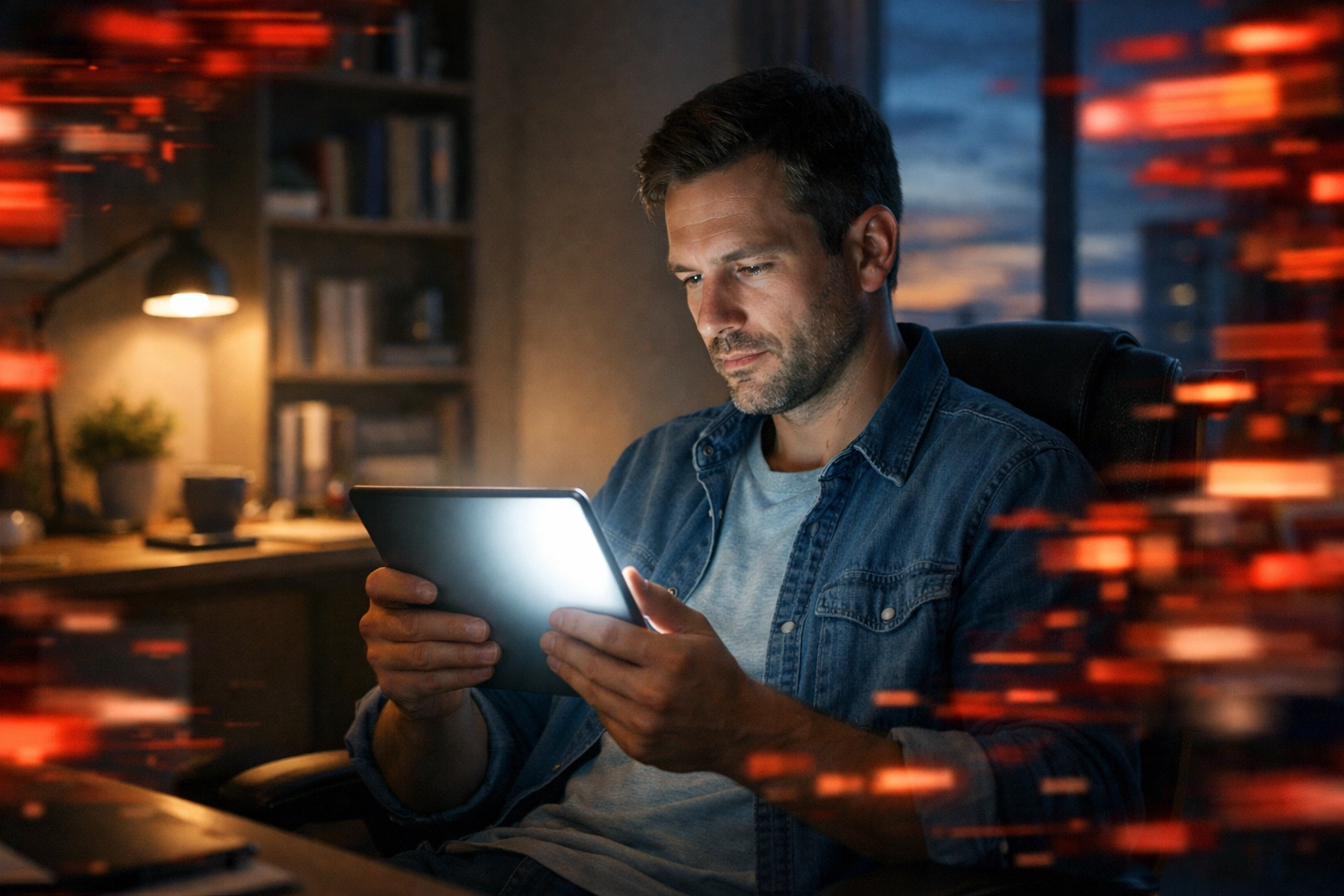 A person calmly reviewing news facts on a tablet in a quiet home office, practicing discernment.