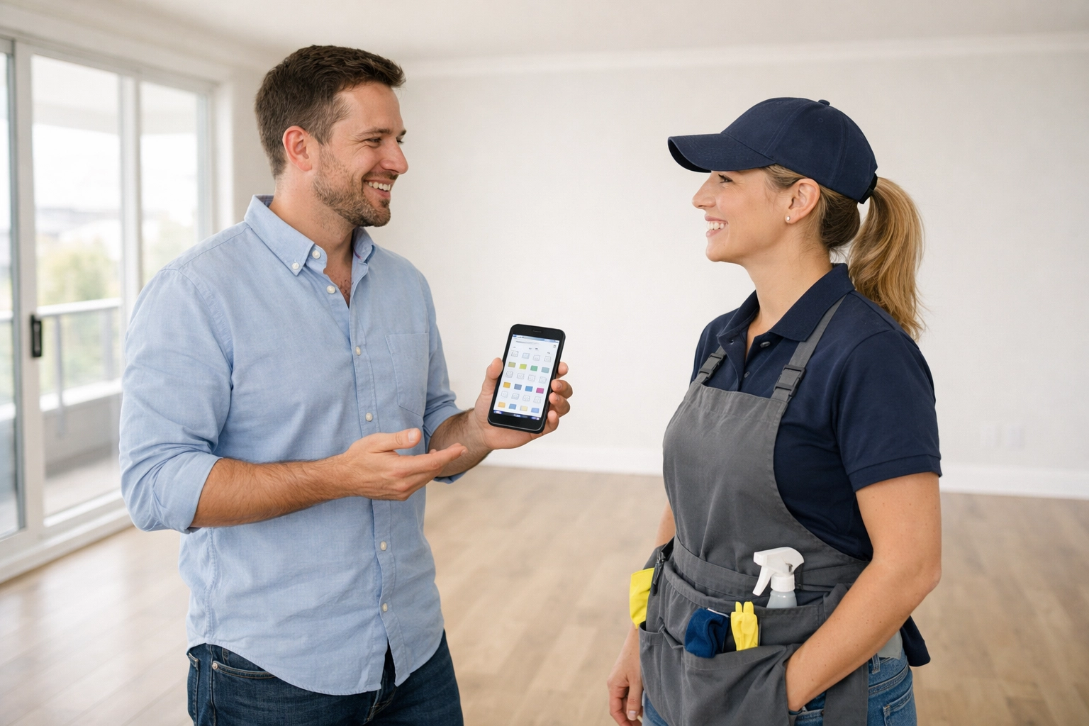 Property manager coordinating with cleaning vendor in empty apartment unit