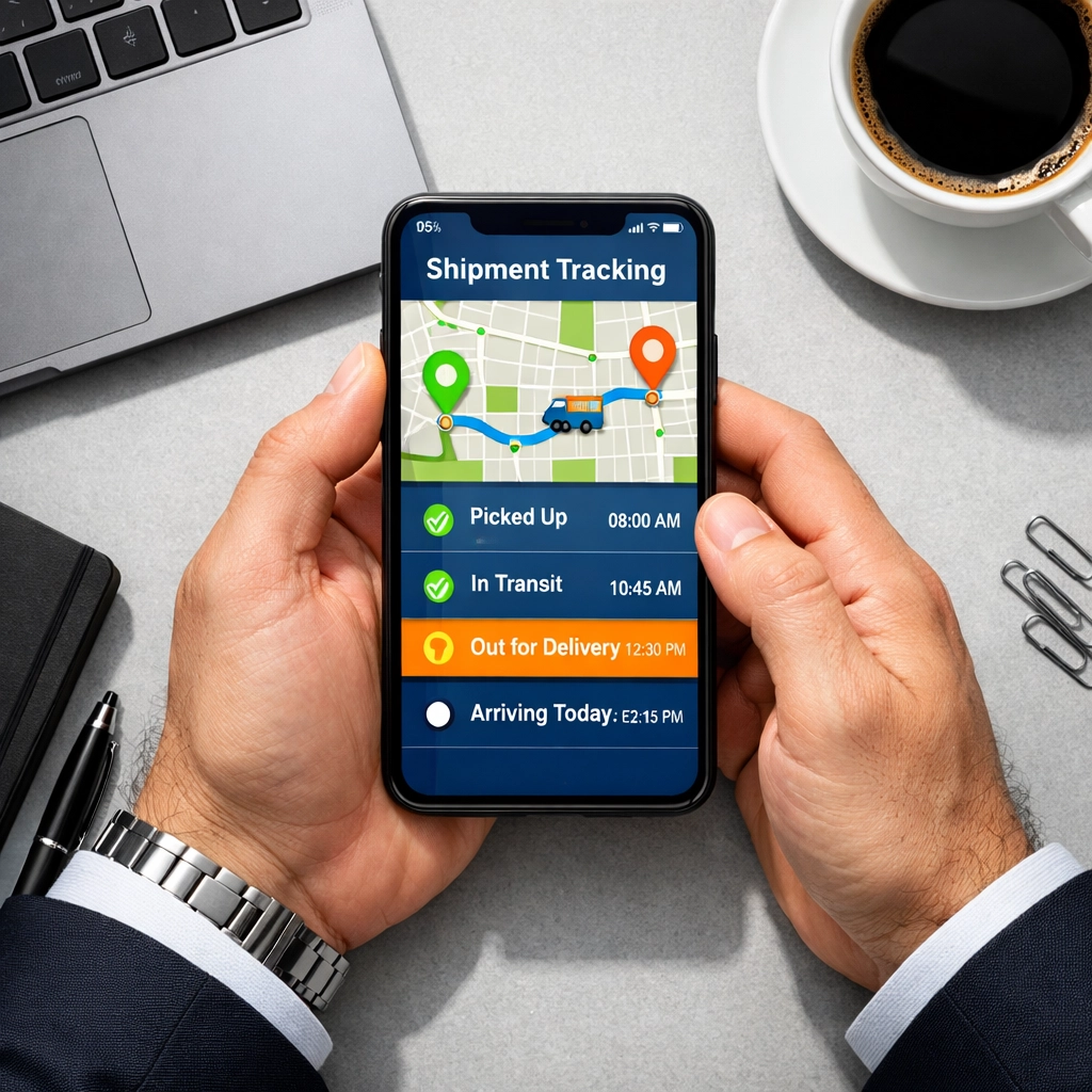 Business professional monitoring real-time shipment tracking interface on smartphone for logistics visibility