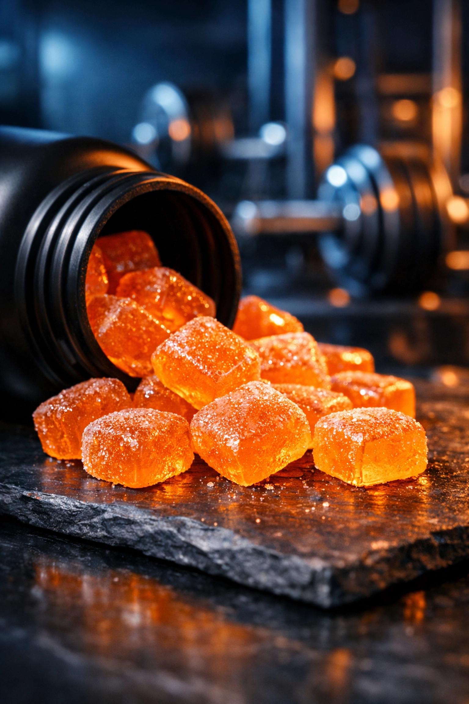 Vibrant orange creatine gummies spilling from a black supplement bottle in a high-end gym setting.