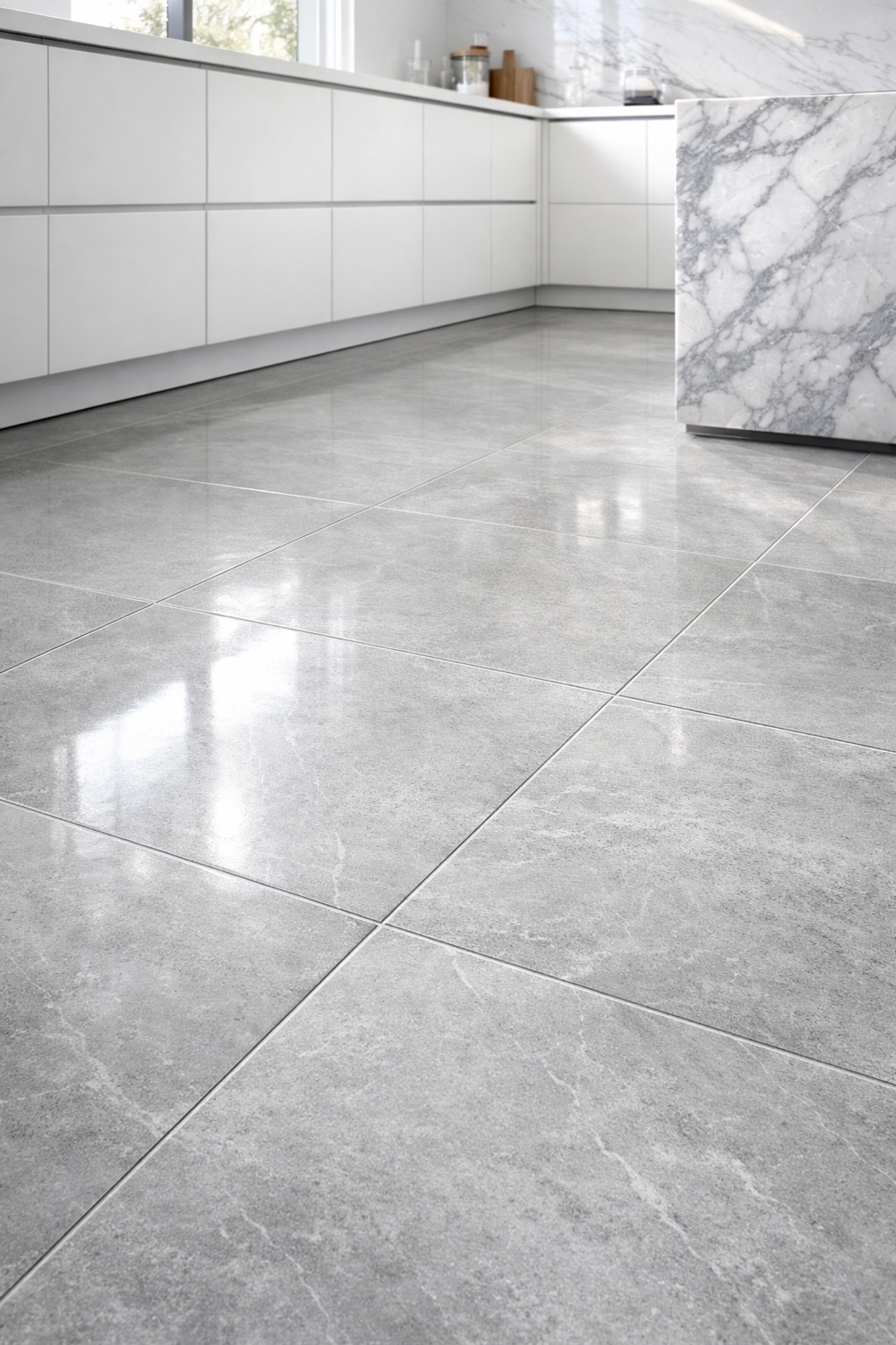 Large format grey porcelain kitchen floor tiles showing precise tile installation in Orlando.