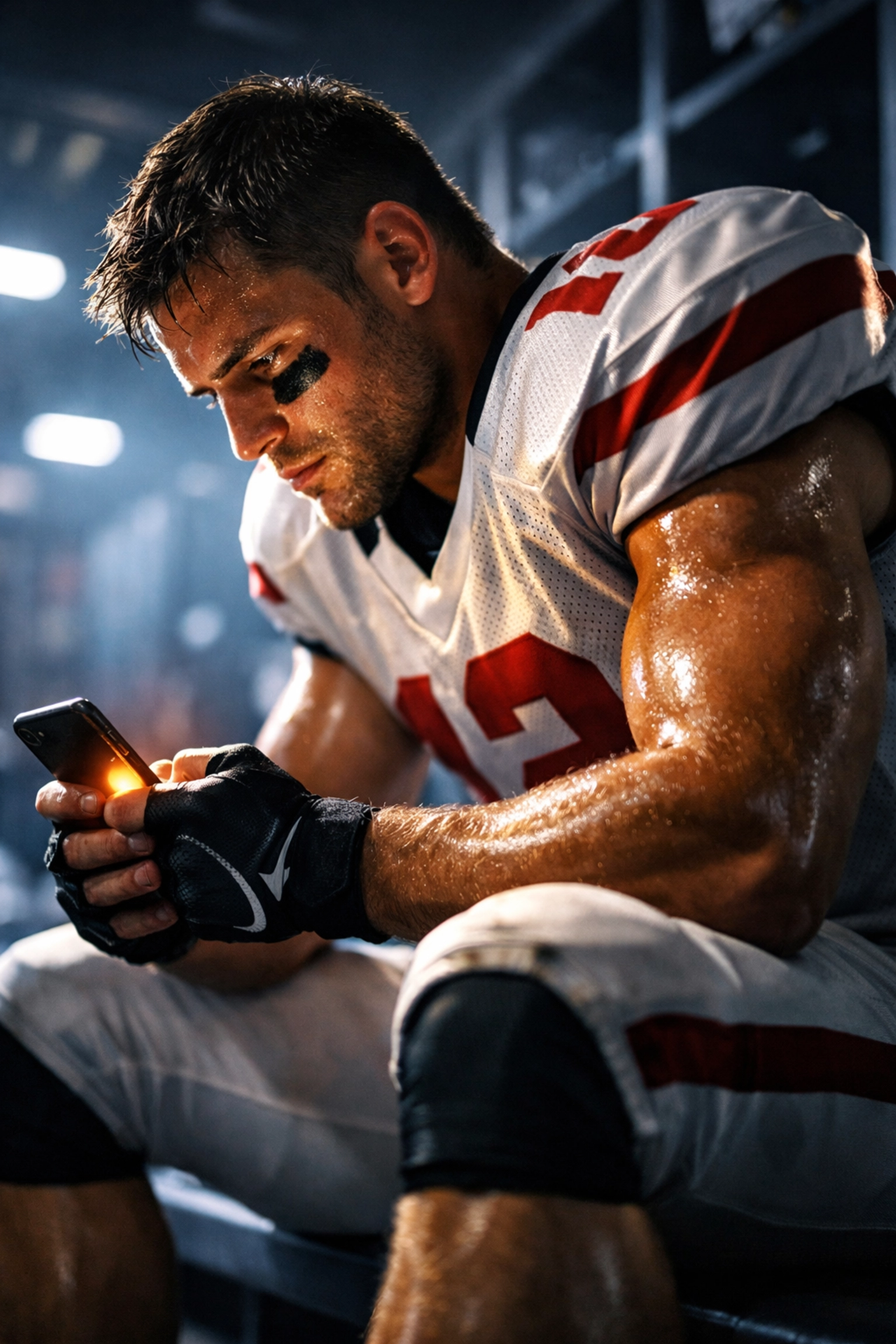 Professional athlete in locker room gear using a smartphone for NIL social media engagement and brand promotion.
