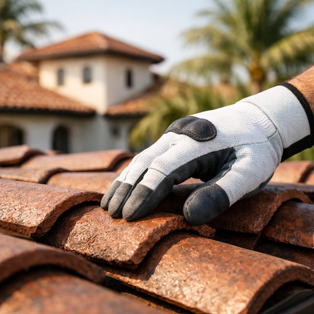 Professional roofing contractor performing a detailed tile roof inspection on a Venice, Florida home.