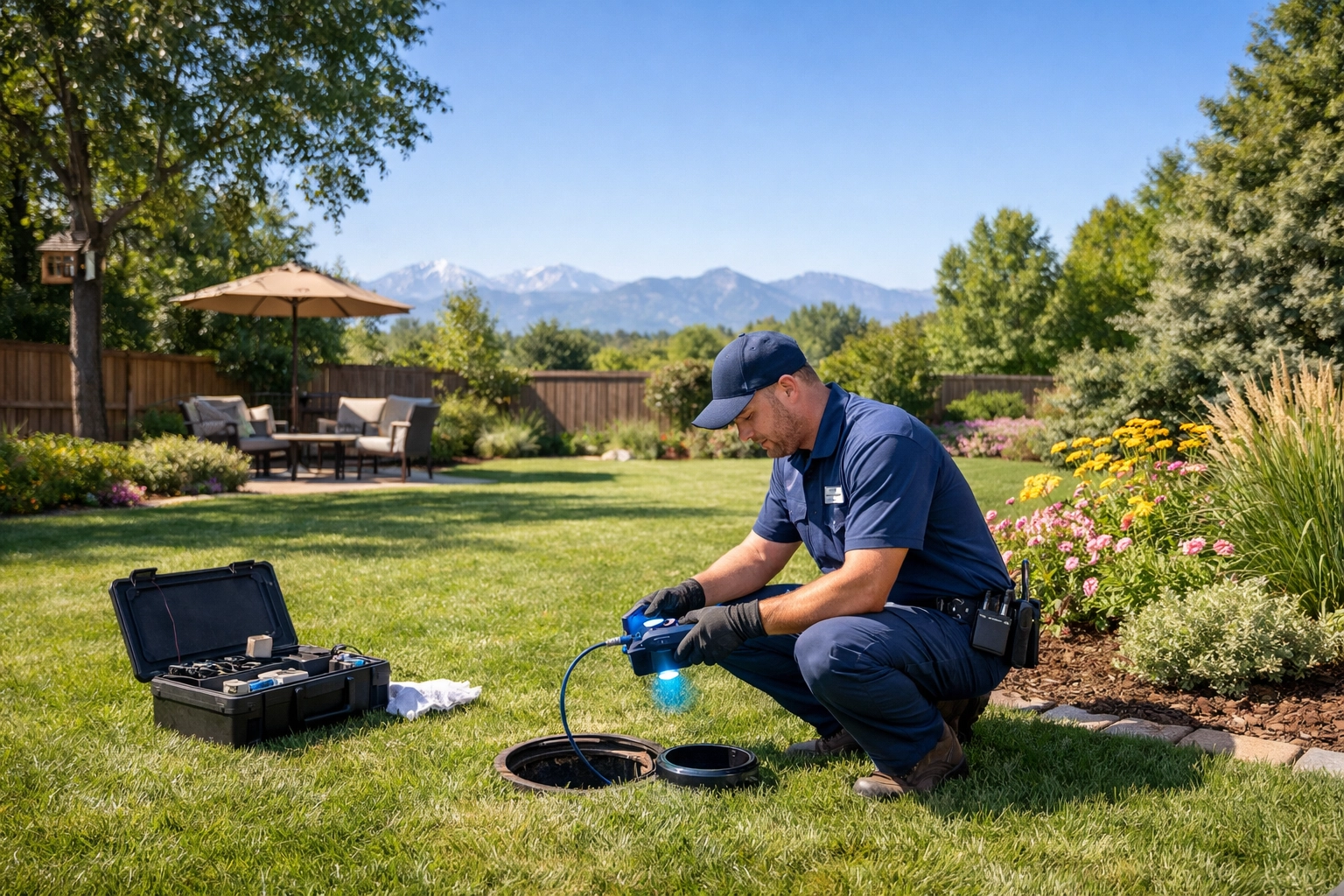 Professional Denver sewer service technician performing trenchless UV repair in a clean backyard.