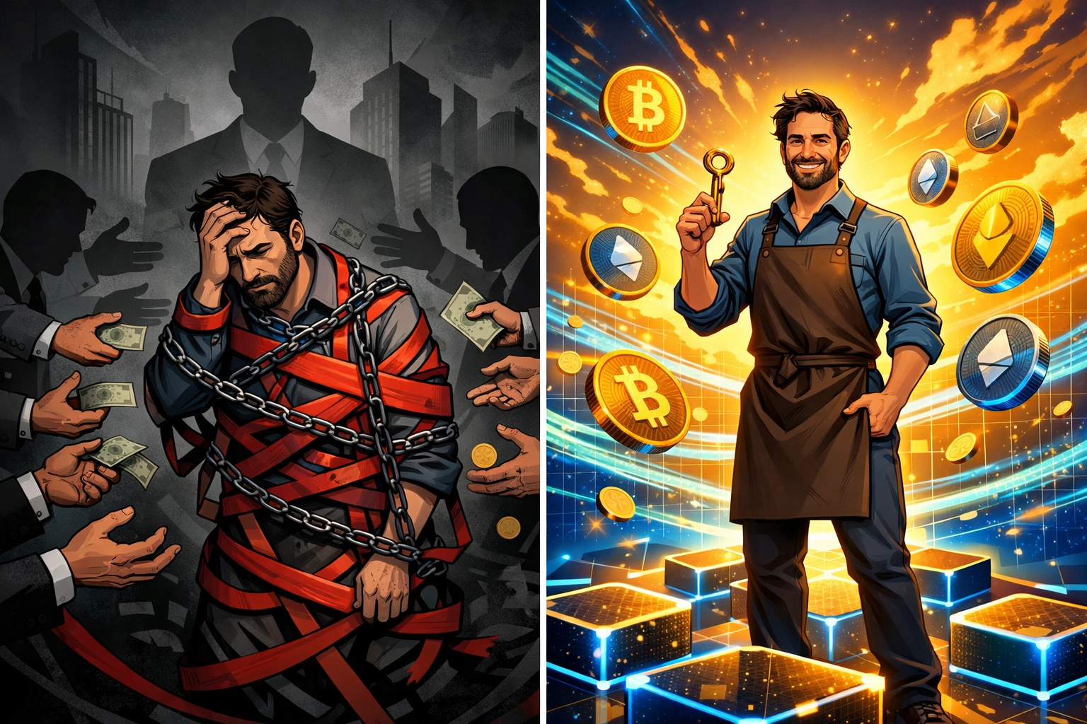 Comparison showing merchant freedom with self-custody versus restrictions with custodial payment processors