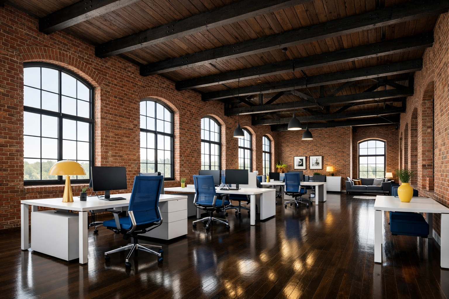 Clean office space in a historic Fall River mill showing industrial cleaning and polished hardwood floors.