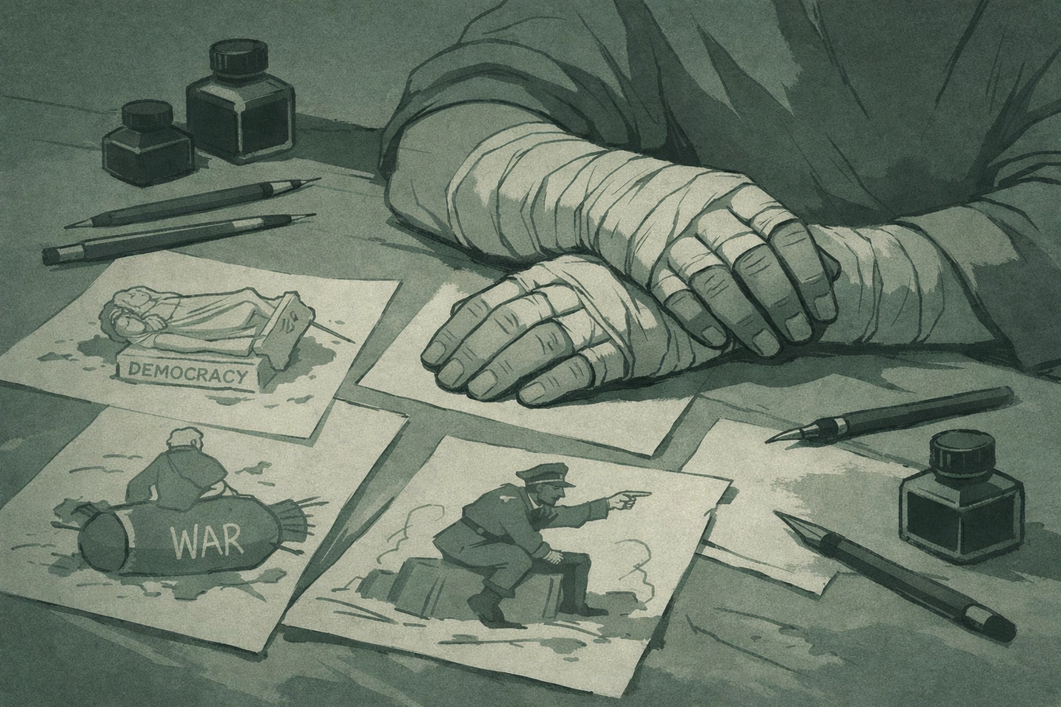 Bandaged artist hands on desk with drawing tools - political satirist unable to create art