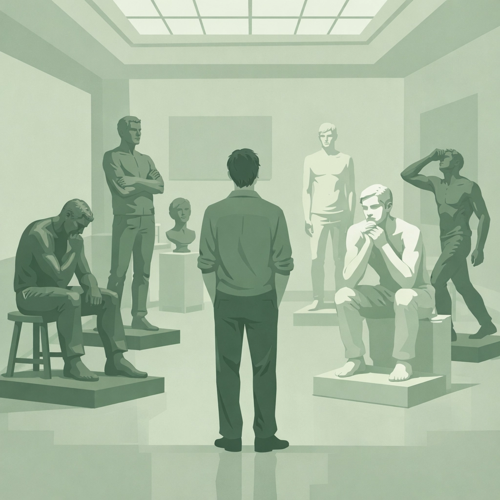 Gay artist standing among bronze and marble self-sculptures in spacious studio gallery