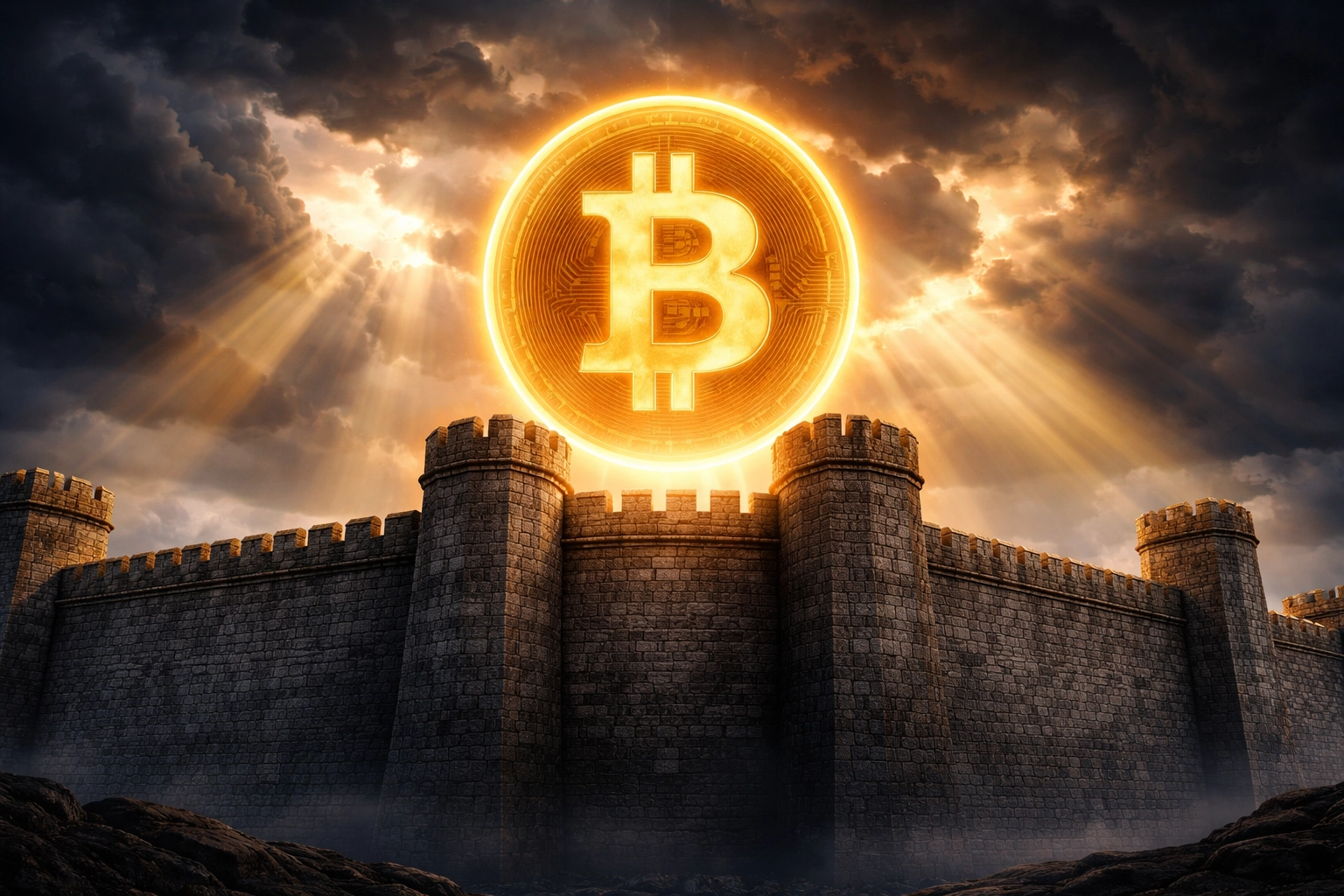 A fortress wall with a glowing Bitcoin symbol as a shield, illustrating Bitcoin's role in portfolio stability and risk mitigation.