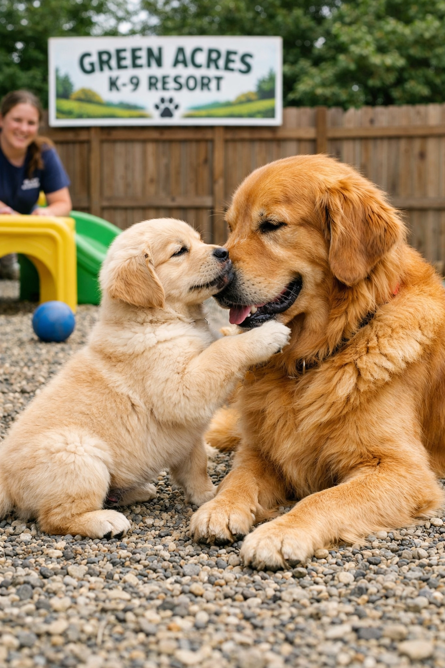 Senior dog and puppy socializing in a safe, supervised play yard at a specialized boarding resort.