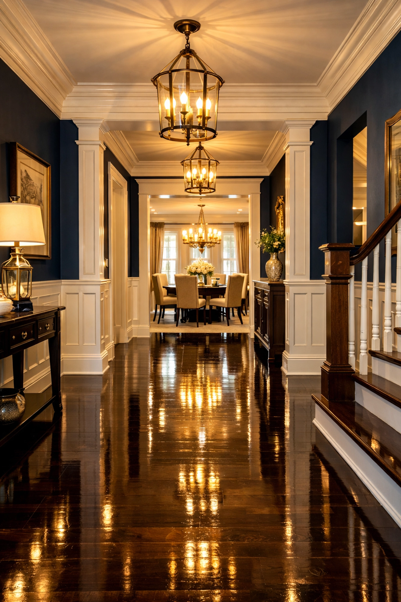 Polished hardwood floors in a luxury home entryway, maintained by a professional weekly cleaning routine Arlington.