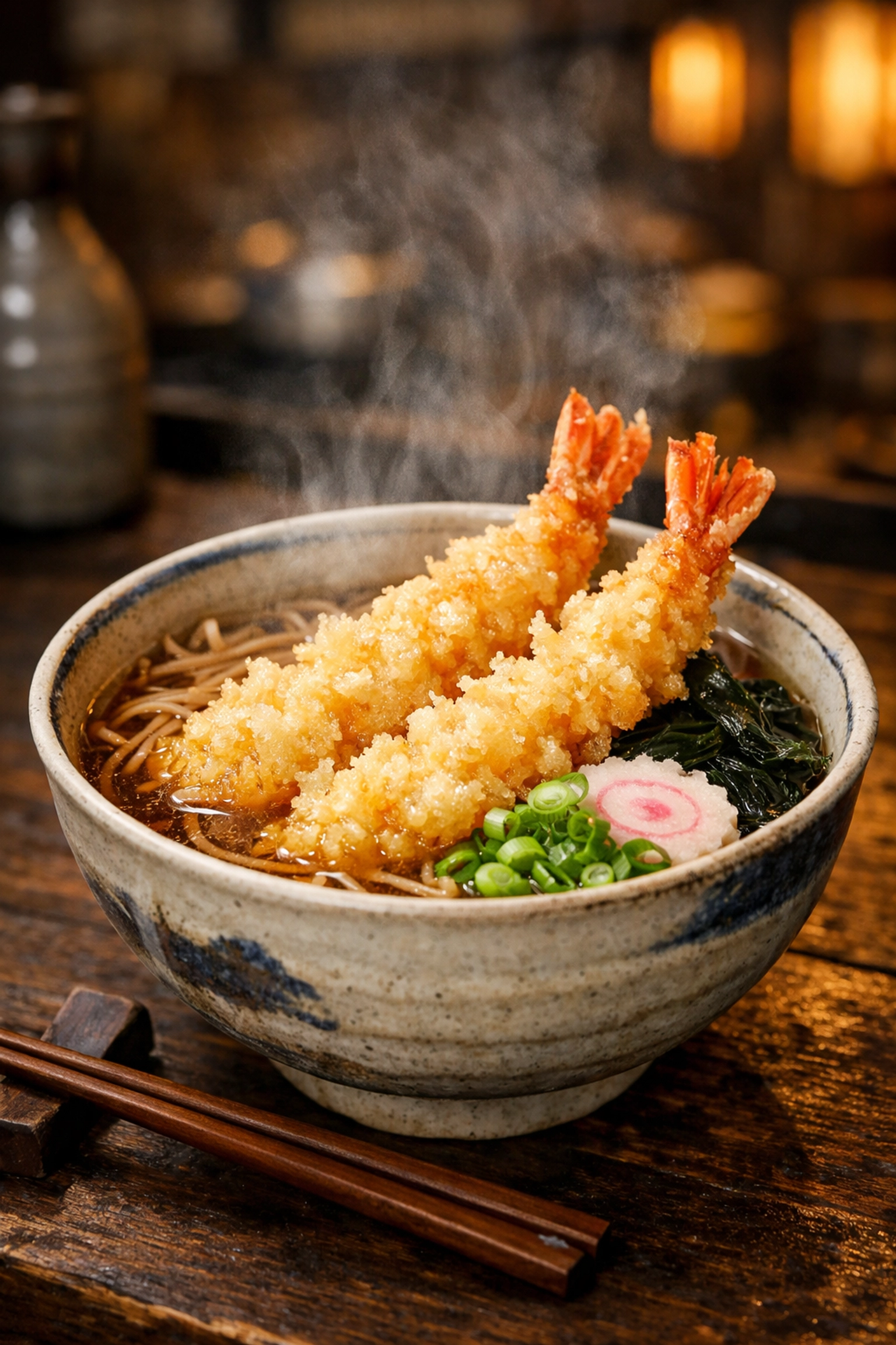 Hot tempura soba noodles at a traditional Japanese shop, offering affordable and healthy food in Tokyo.