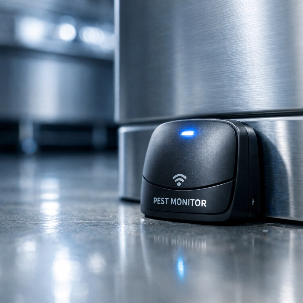 Electronic pest monitoring sensor in a clean commercial kitchen for health code compliance.