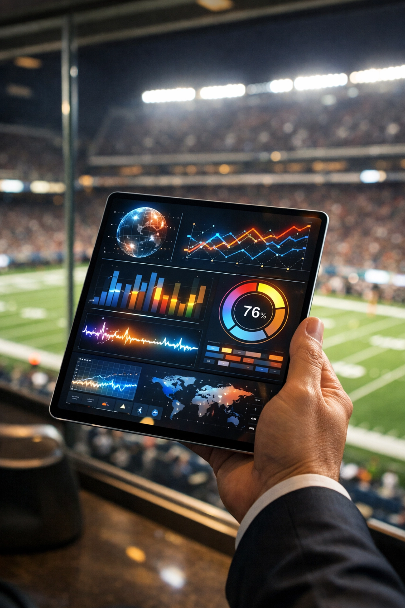 A tablet displaying a sports marketing analytics dashboard overlooking a football stadium during a game.