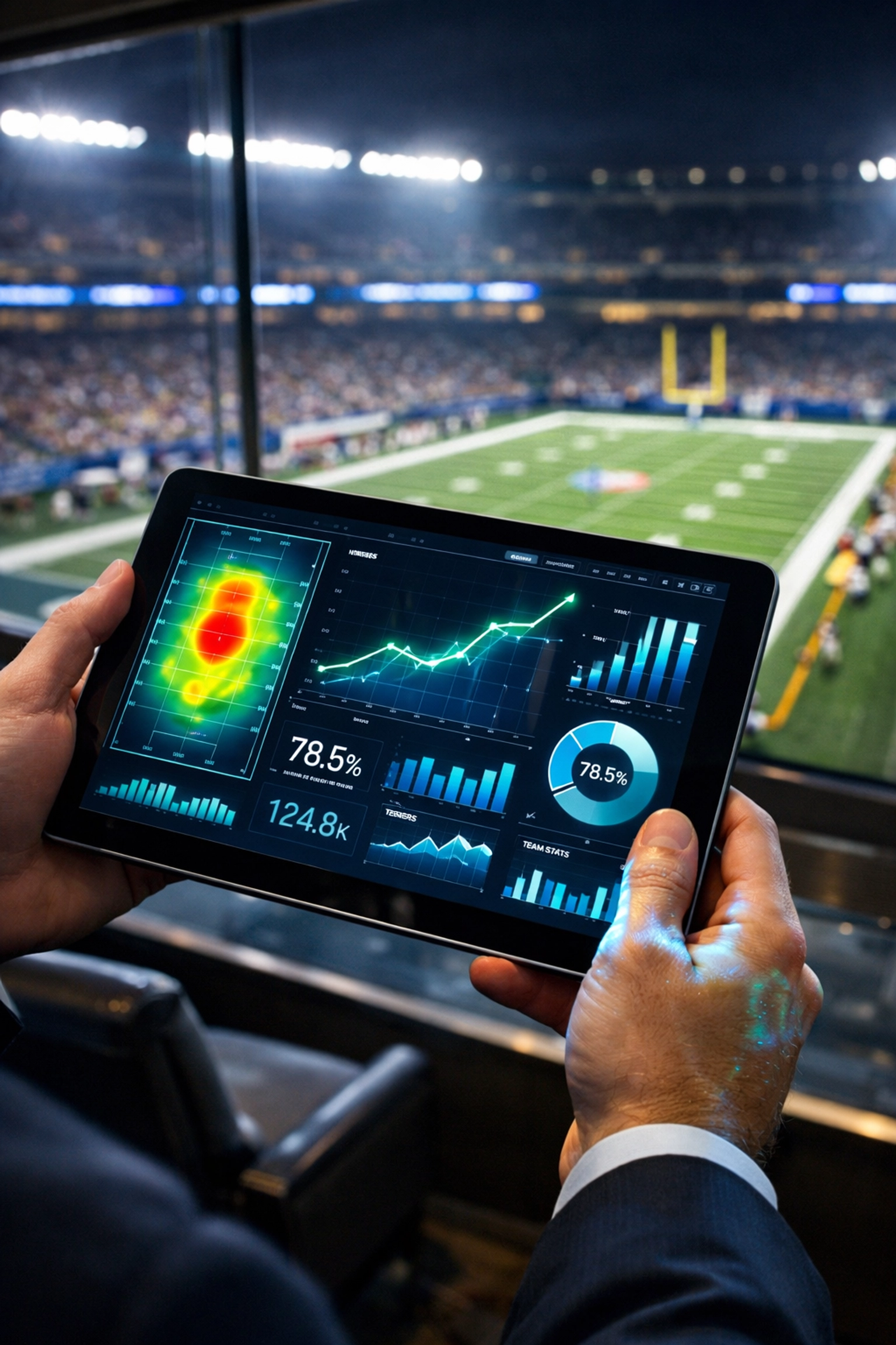 A media buyer reviewing programmatic DOOH campaign analytics and ROI metrics on a tablet in a stadium suite.