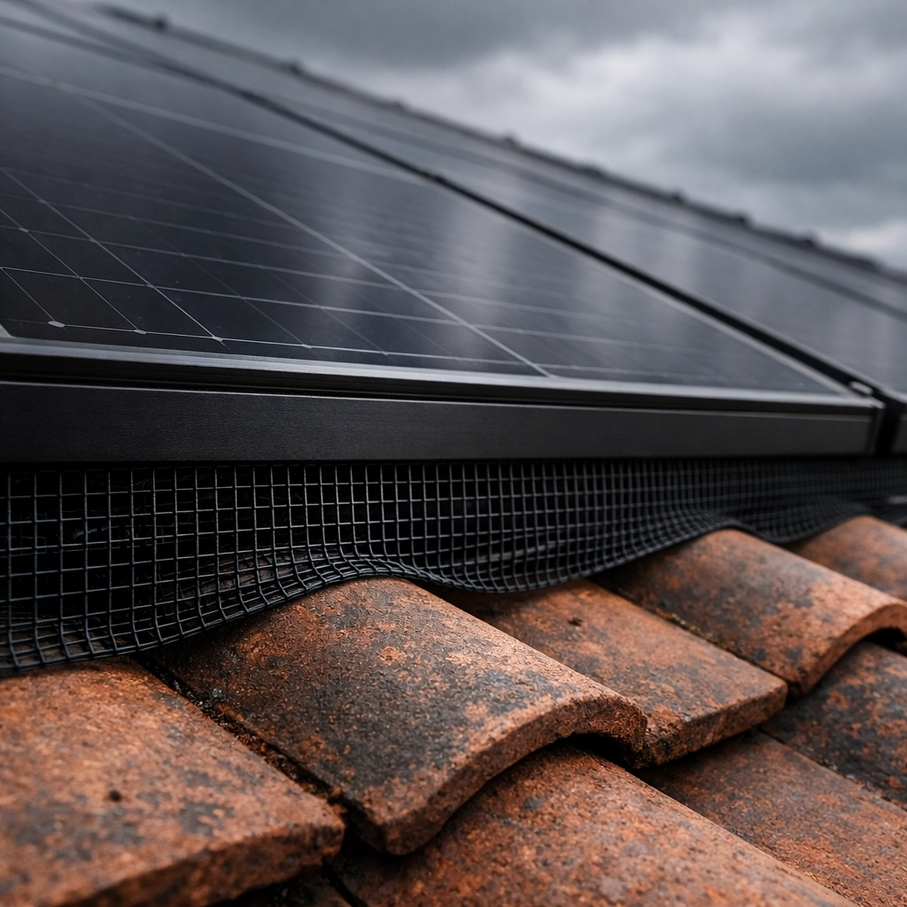 Black bird-guard mesh skirting on solar panels to prevent nesting and protect UK roof systems.