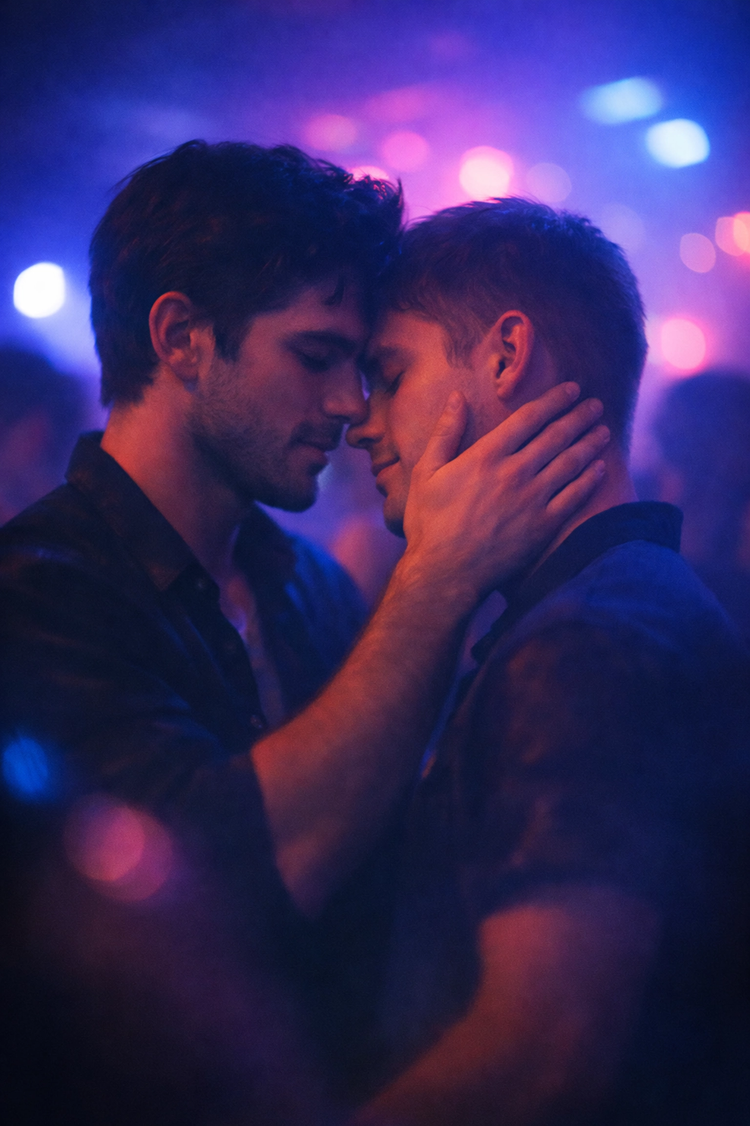 Two men embrace intimately in dimly lit nightclub with neon lights - MM romance nightlife scene