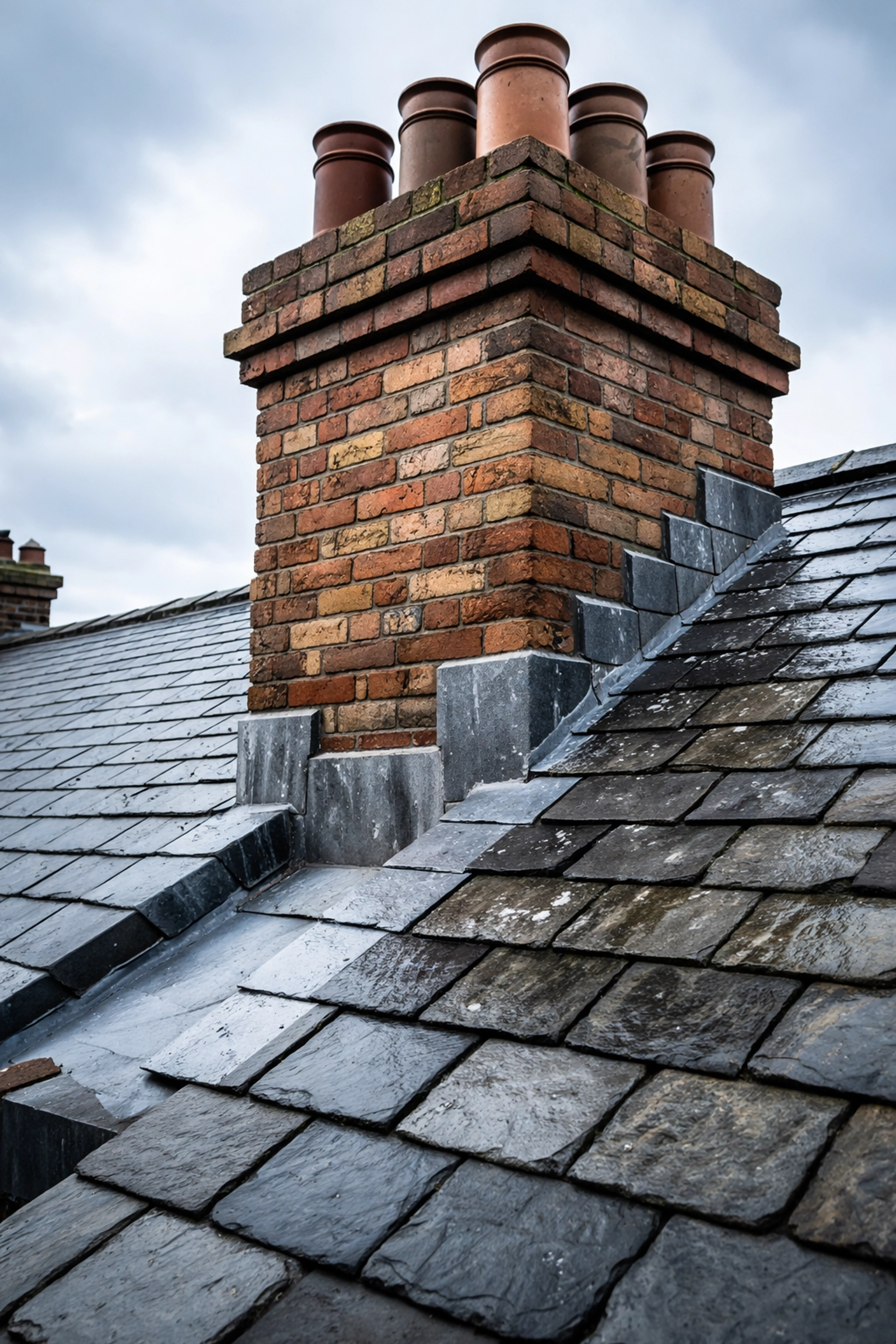 Close-up of Victorian Belfast chimney stack and slate roof showing lead flashing prone to water ingress.