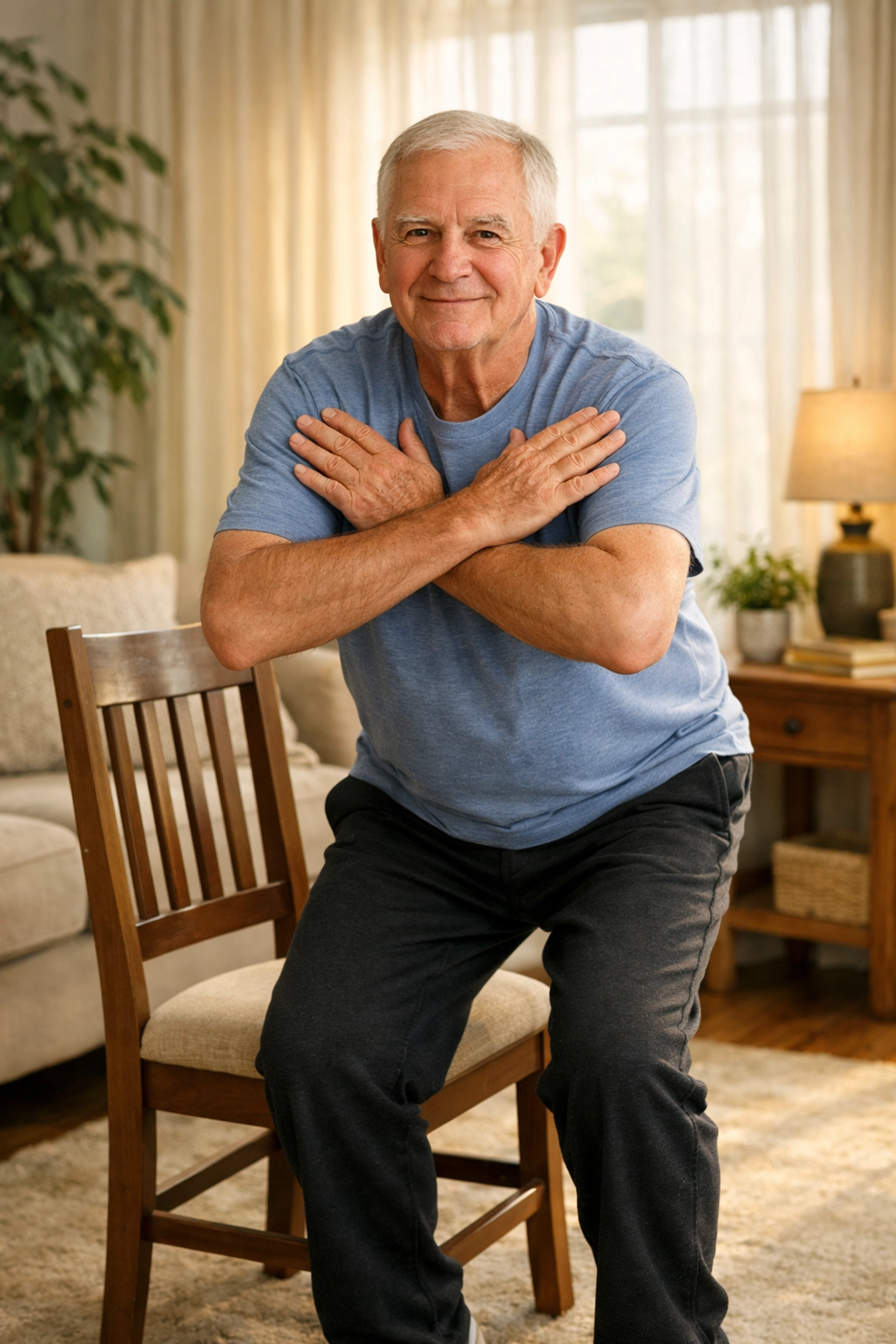 Senior man performing a sit-to-stand exercise to strengthen legs and reduce fall risk.
