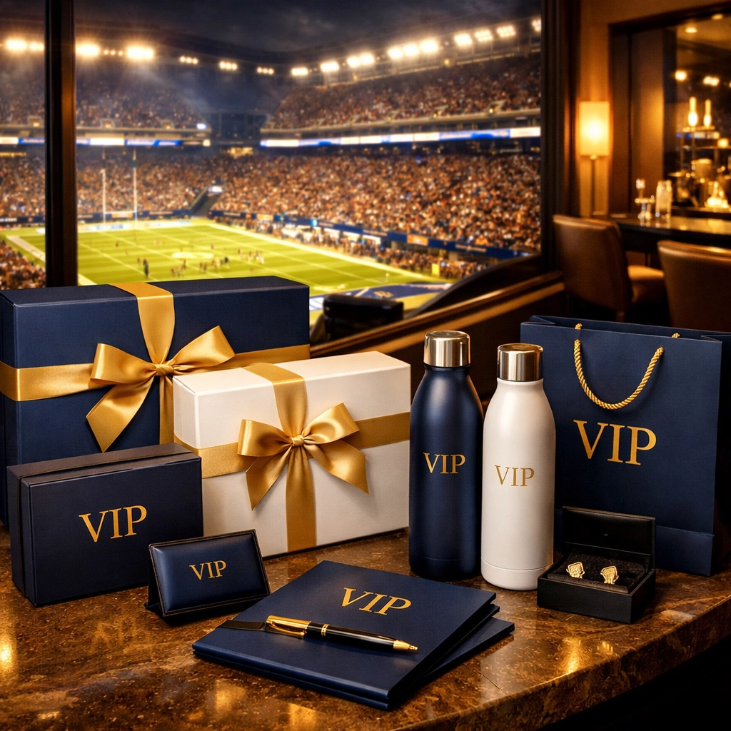 Luxury VIP corporate suite with branded merchandise at Super Bowl stadium