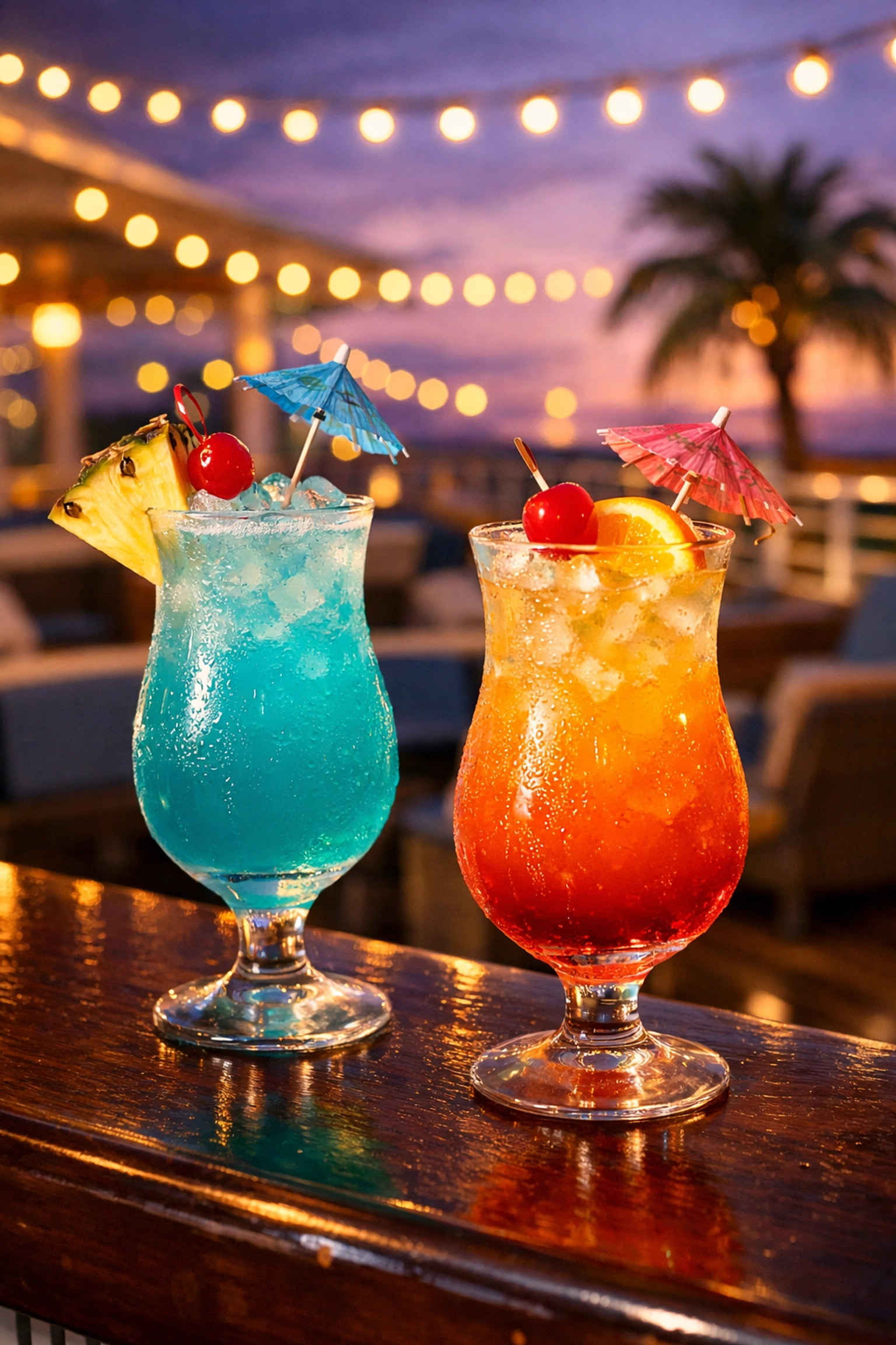 Tropical cocktails at a ship bar illustrating group cruise drink packages and credits.