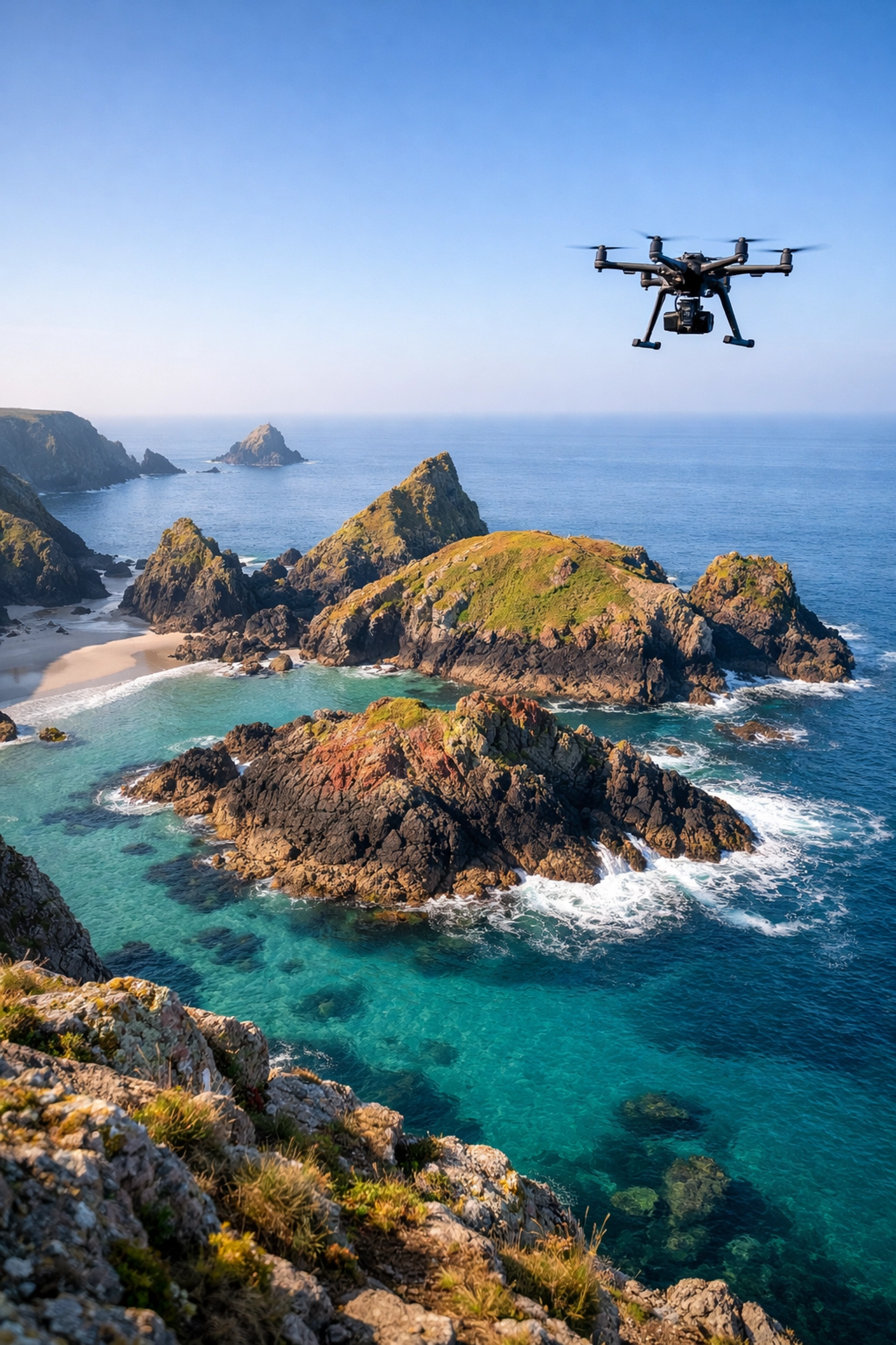 Professional drone scattering ashes over Kynance Cove's turquoise waters and iconic rocks in Cornwall.