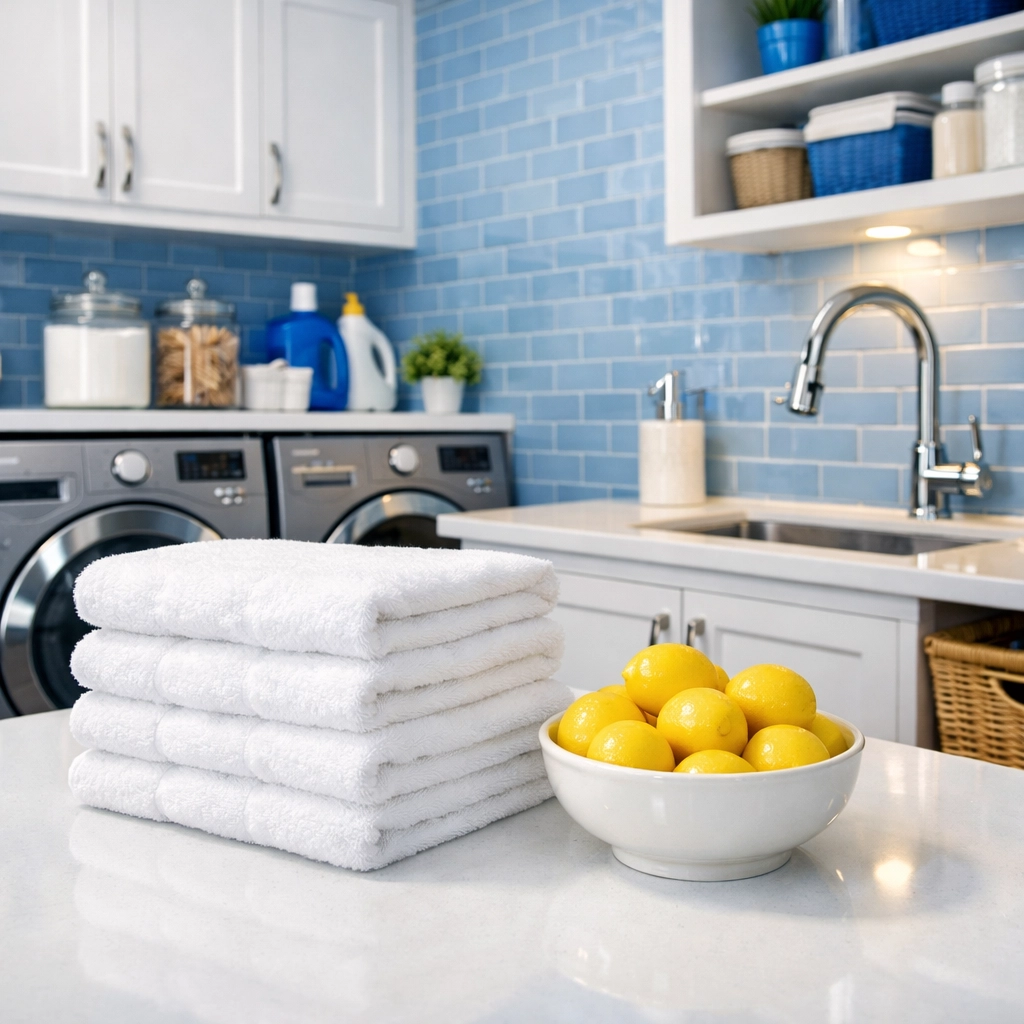 A professionally cleaned and organized luxury laundry room featuring fresh white towels and bright decor.