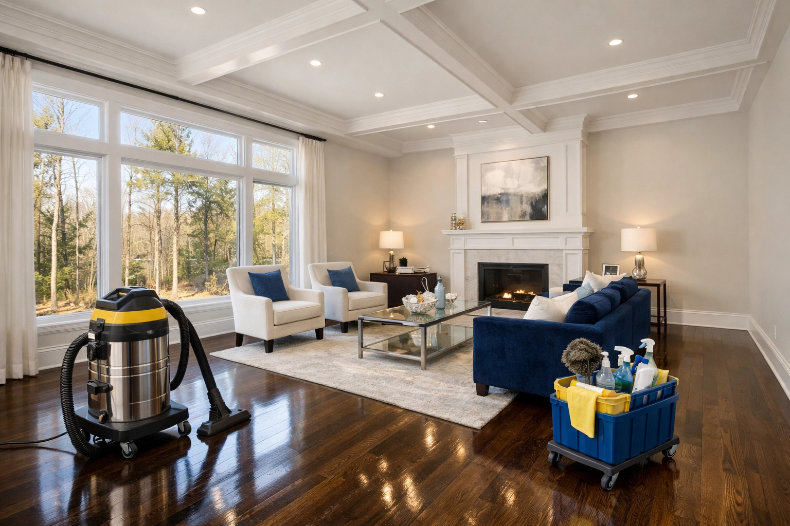 Luxury living room following professional post construction cleaning and deep cleaning in Carlisle.