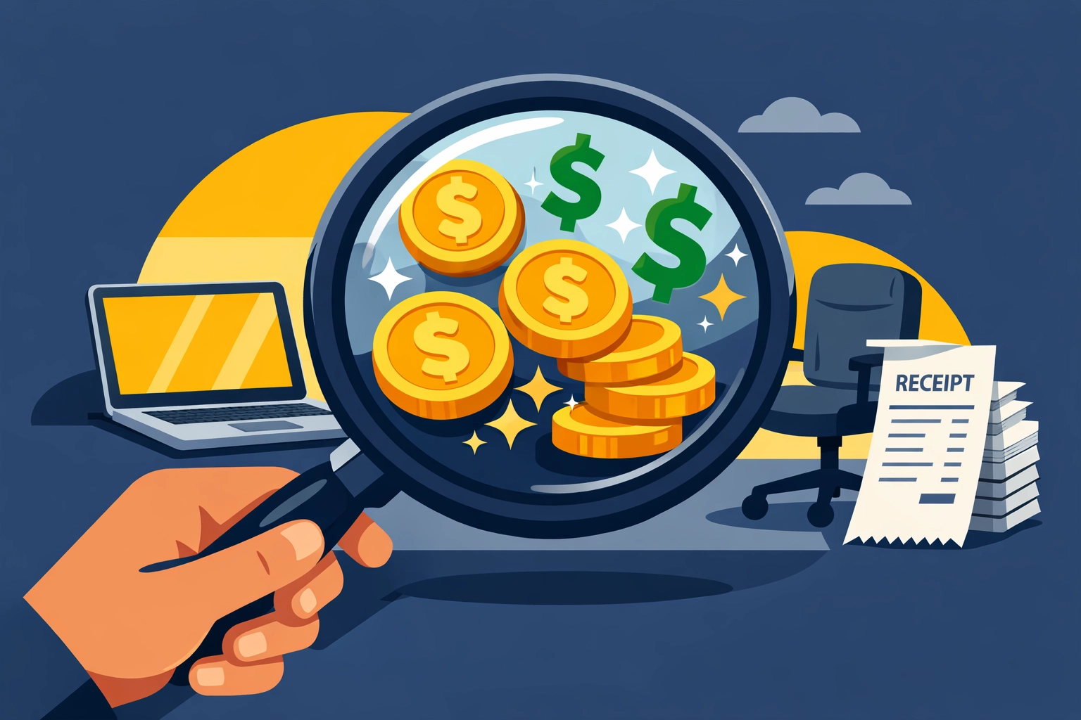 Magnifying glass uncovering hidden small business tax deductions and maximizing financial savings.