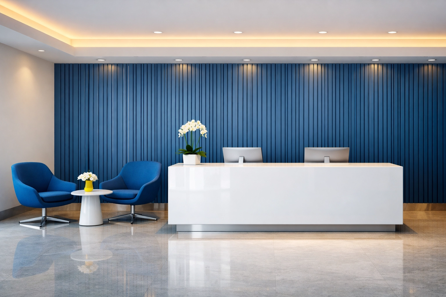 Impeccably organized office reception area in Westford showing commercial cleaning excellence.