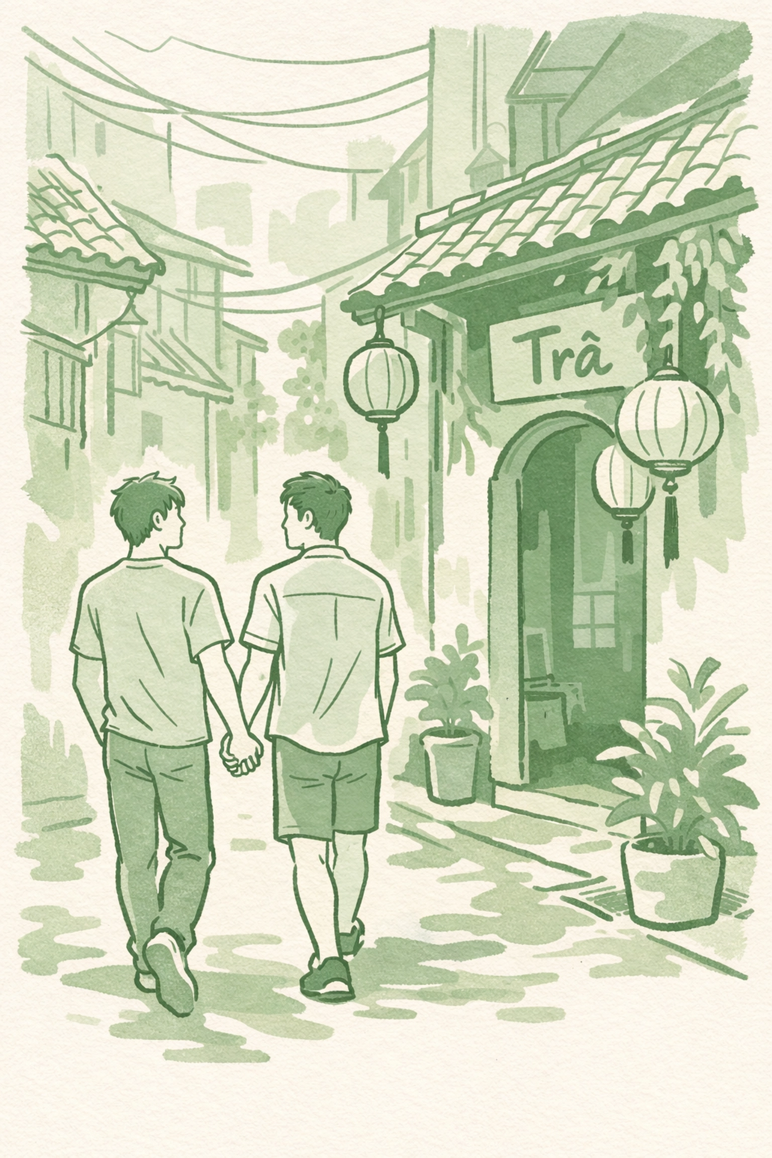 Gay Asian couple walking hand-in-hand through Ho Chi Minh City teahouse district