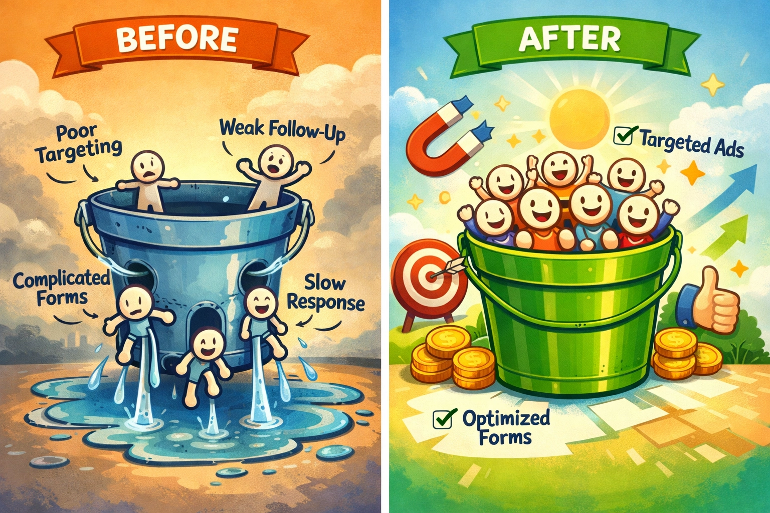 Lead conversion comparison: leaky bucket losing customers vs solid bucket retaining leads