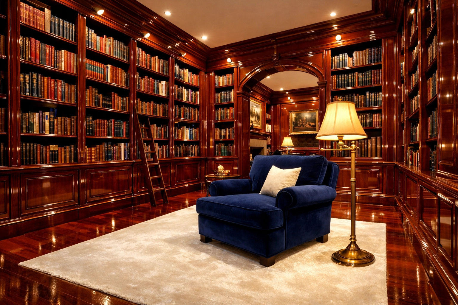 Expertly maintained mahogany library in a Chestnut Hill mansion with dust-free high-gloss bookshelves.