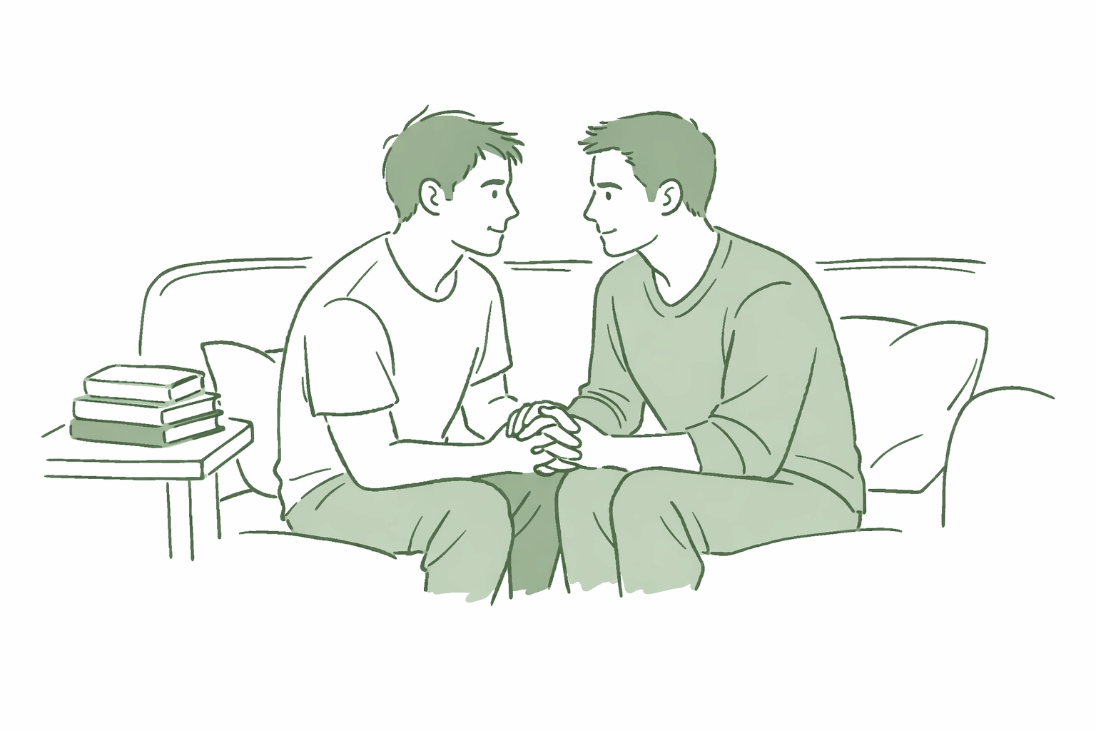 A romantic gay couple holding hands on a sofa, highlighting communication in MM relationships.