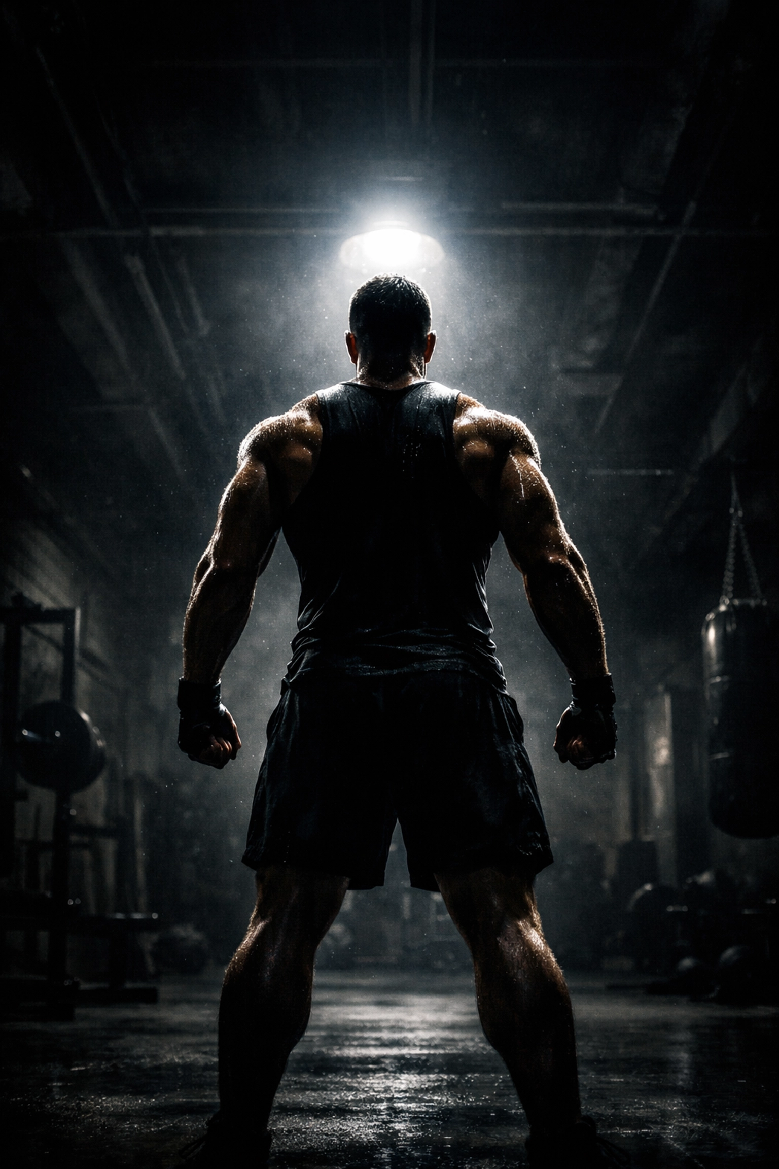 Muscular athlete in a dark industrial gym, showing elite results from an online fitness coach.