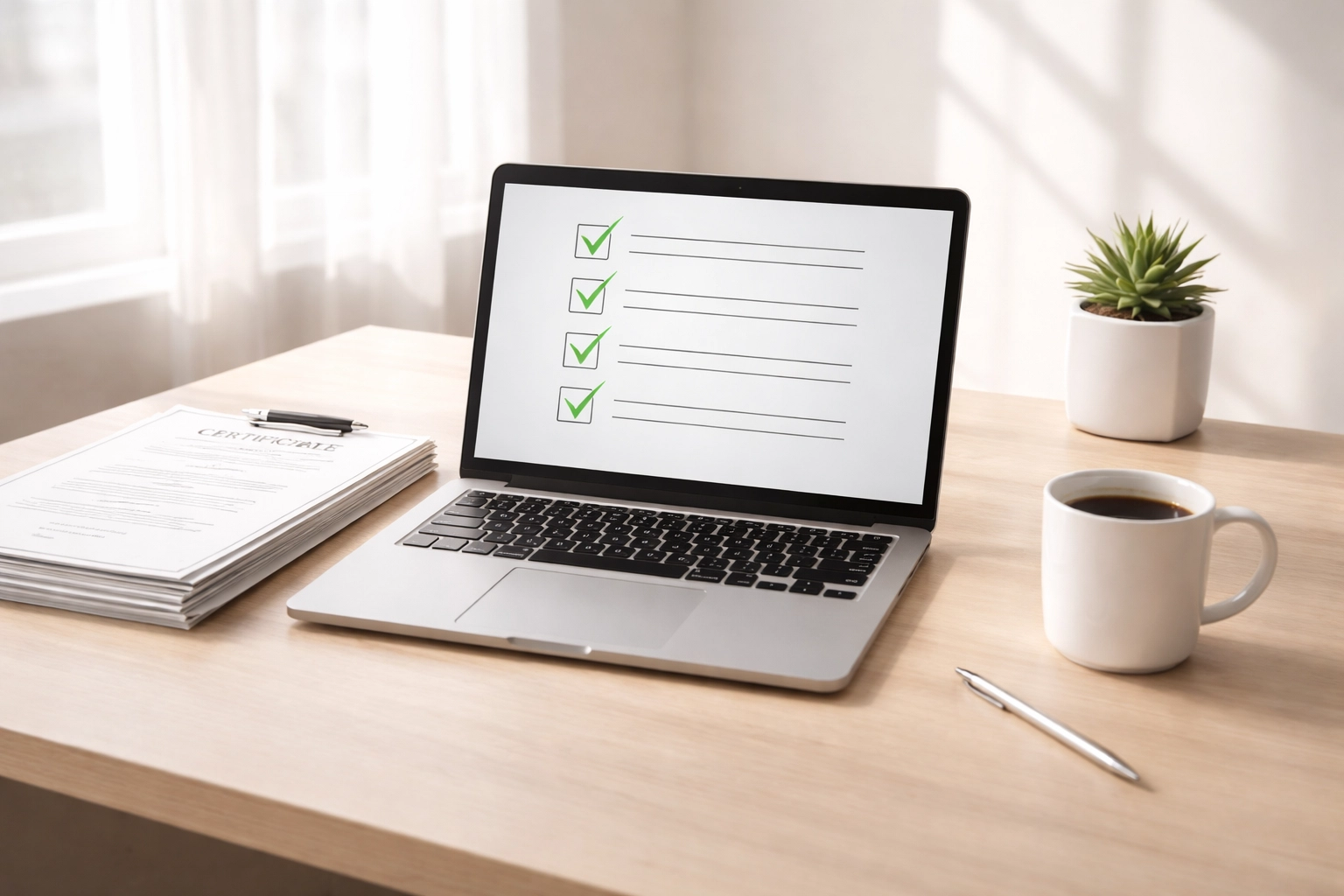 Professional tax preparer workspace with checklist and certification documents for 2026 compliance readiness